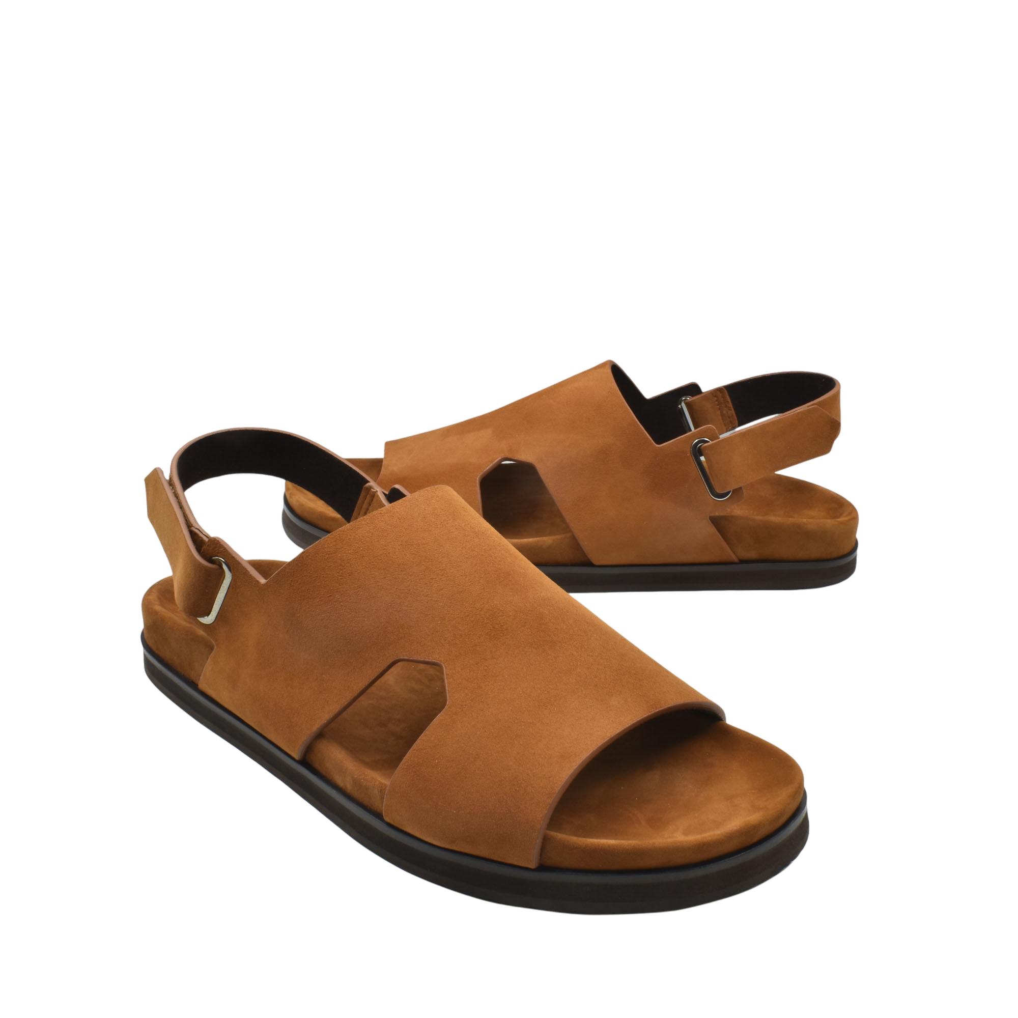 Brown suede Amorti Sangle footwear with open toes and adjustable back straps for comfort