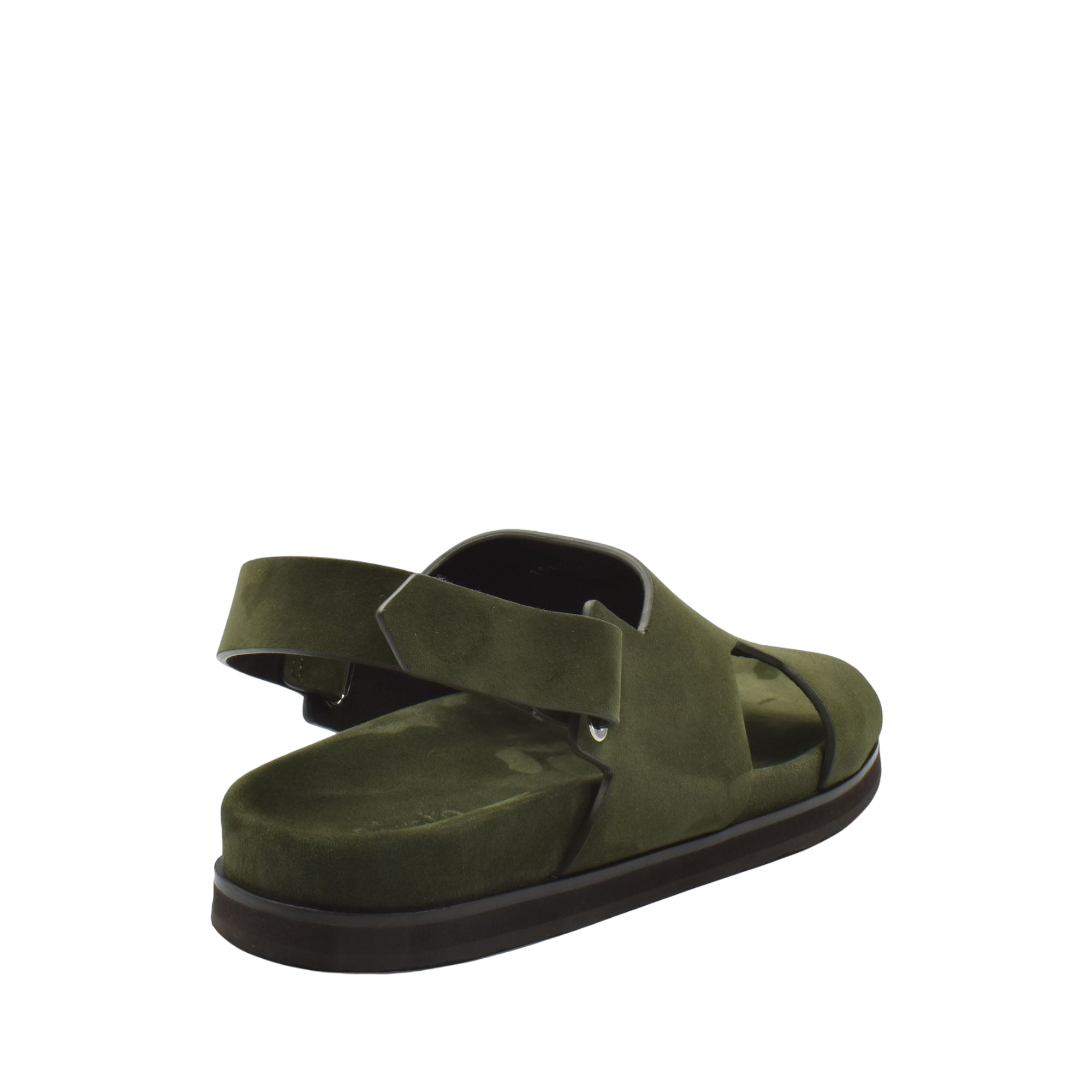 Green suede Amorti Sangle footwear open-toe sandal with adjustable back strap and cushioned sole