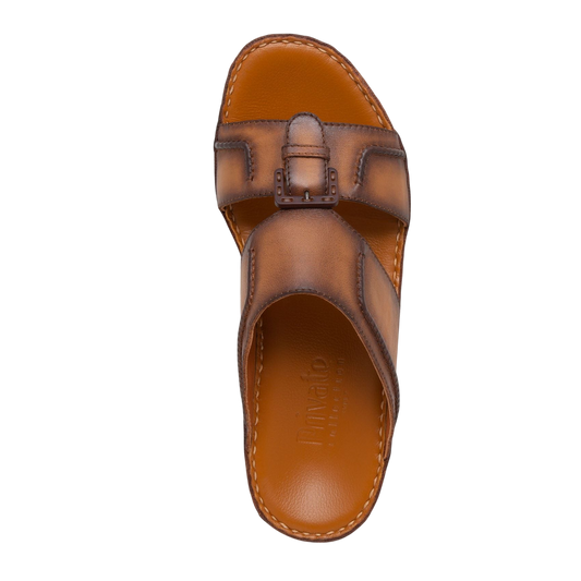 Brown leather luxury casual sandals with buckle detail and cushioned footbed for comfort