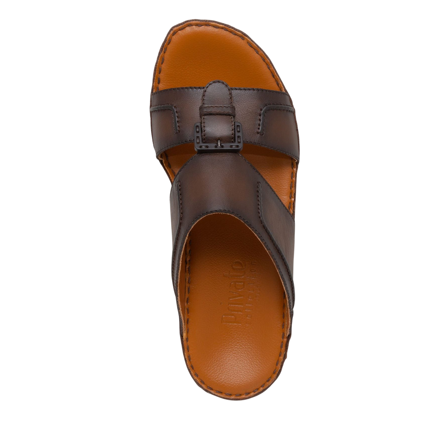 Brown leather luxury casual sandals with adjustable buckle strap and cushioned footbed