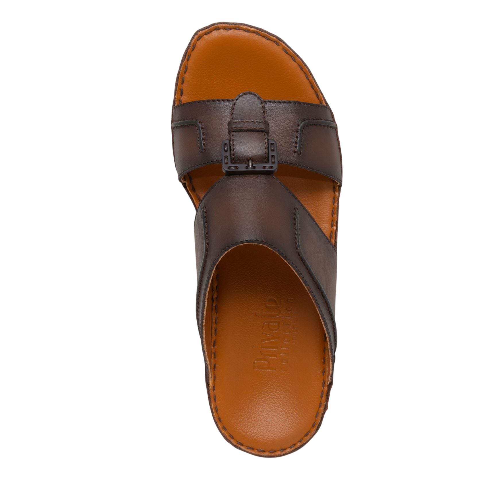 Brown leather luxury casual sandals with adjustable buckle strap and cushioned footbed