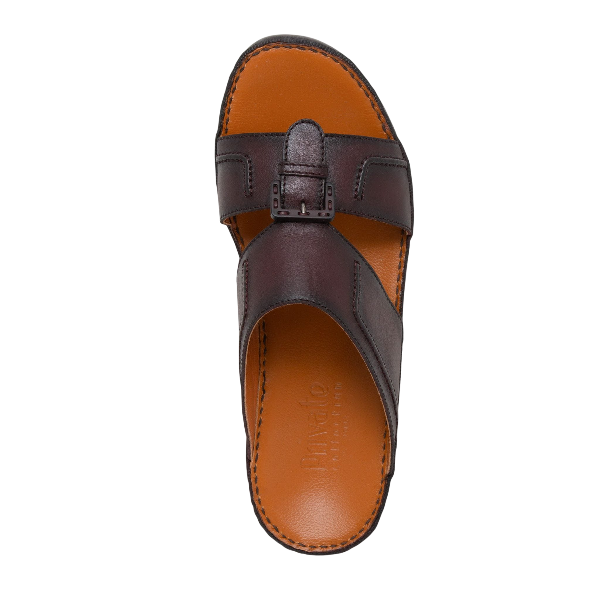 Brown leather luxury casual sandals with adjustable buckle and stitched sole from Private collection