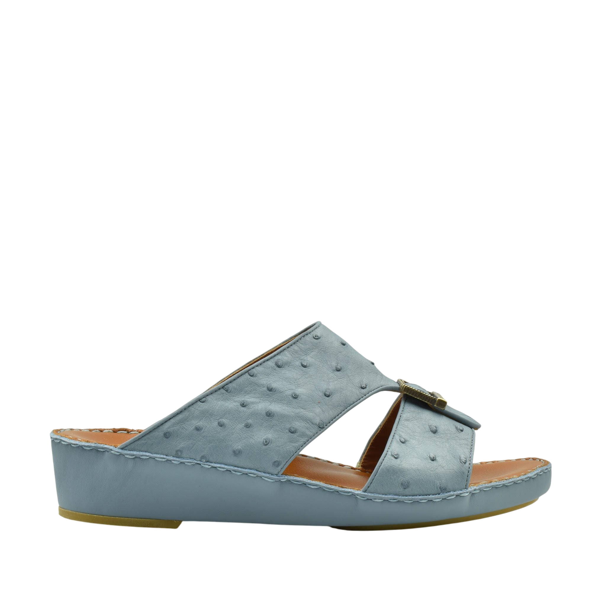 Blue luxury leather sandals with textured upper and low wedge heel from private collection