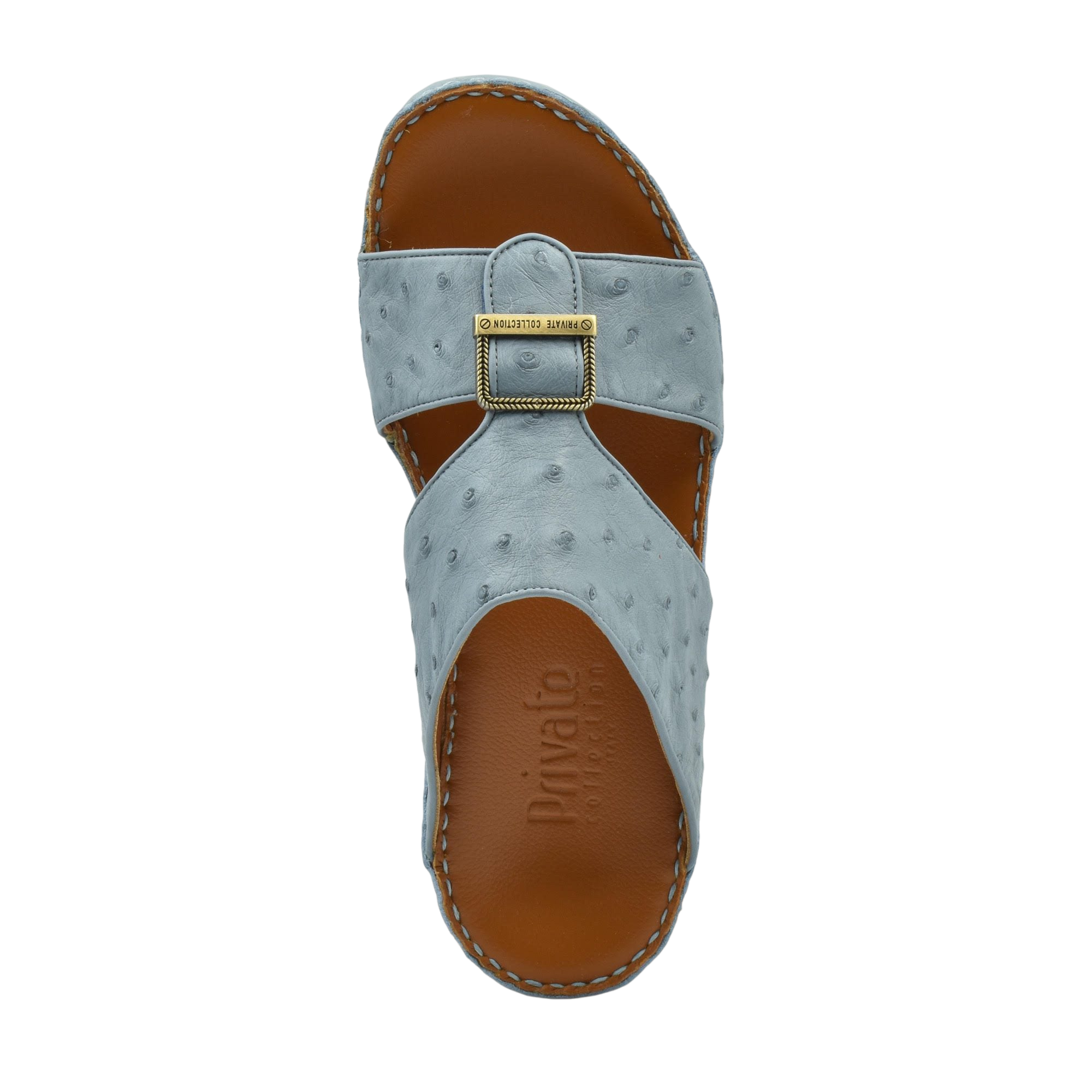 Top view of luxury leather sandals in light blue with stitched brown sole and gold buckle detail