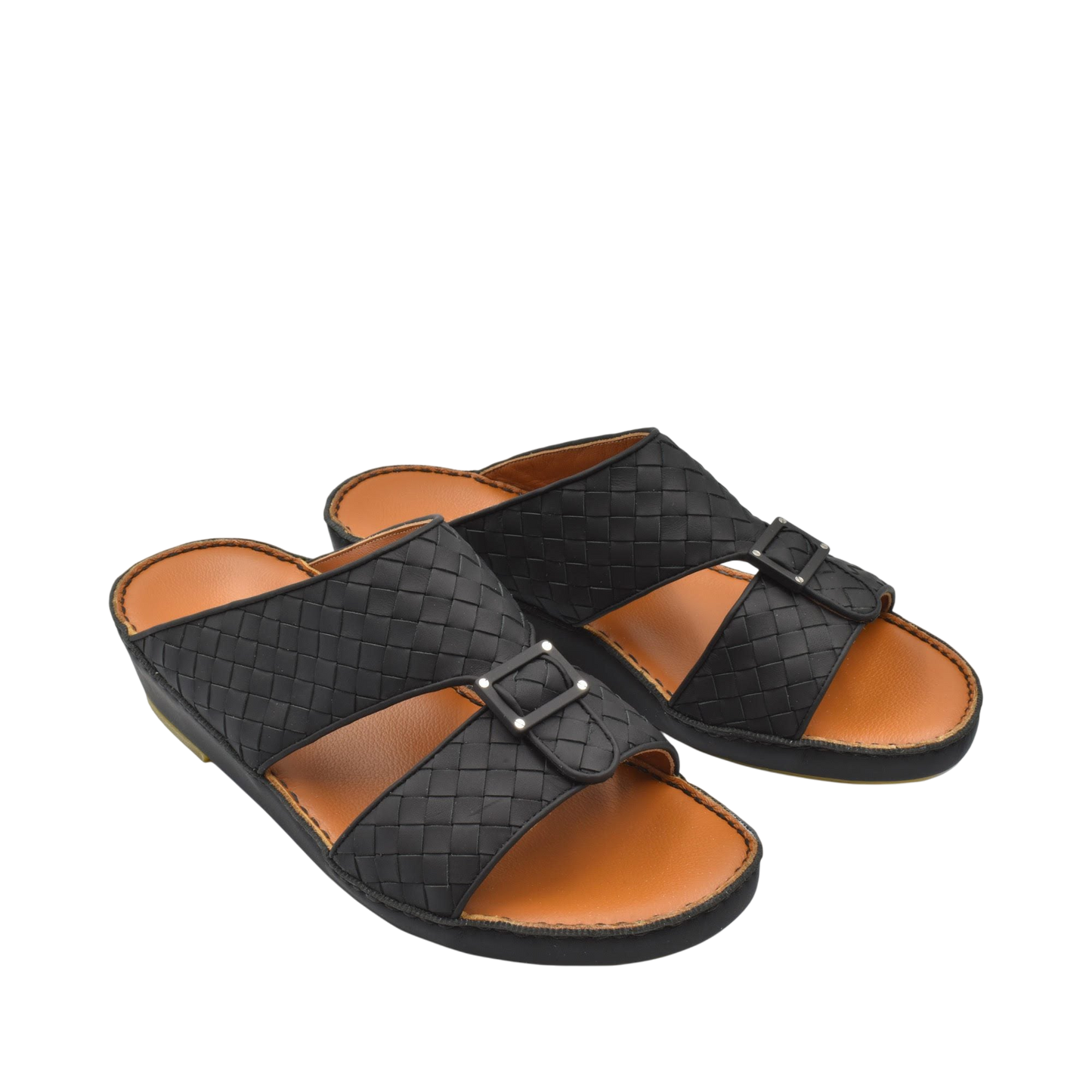 Black casual rubber calf sandals with woven straps and adjustable buckle for comfortable wear