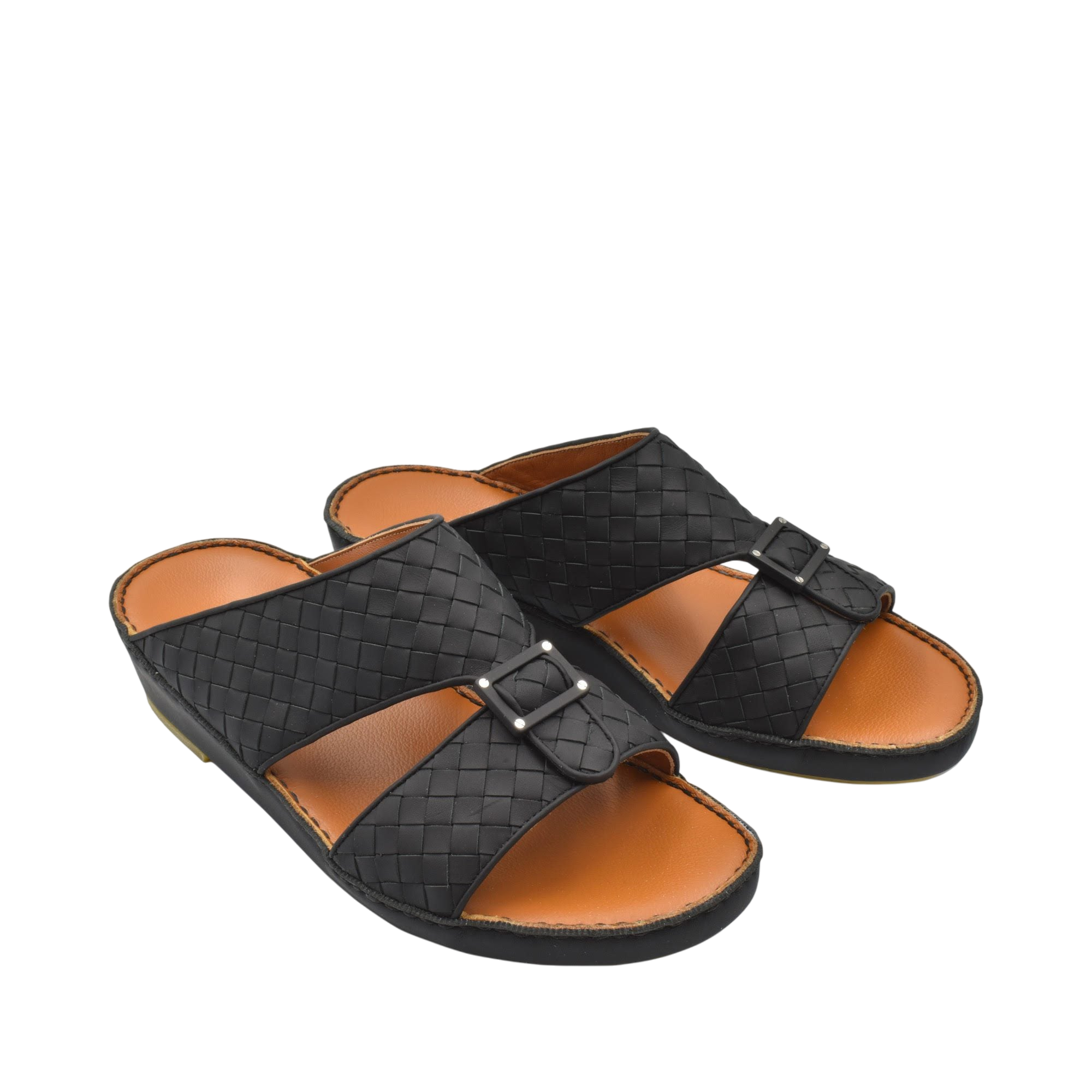 Black casual rubber calf sandals with woven straps and adjustable buckle for comfortable wear