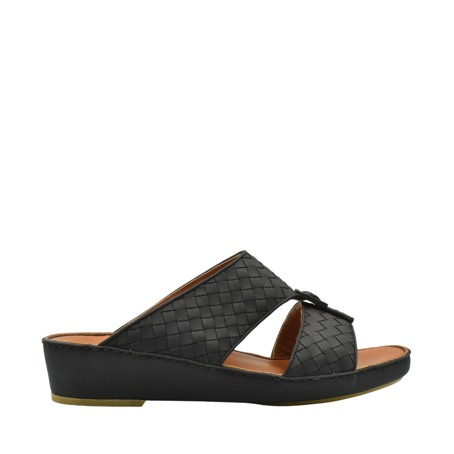 Black casual rubber calf sandals with woven design and wedge sole for comfortable everyday wear