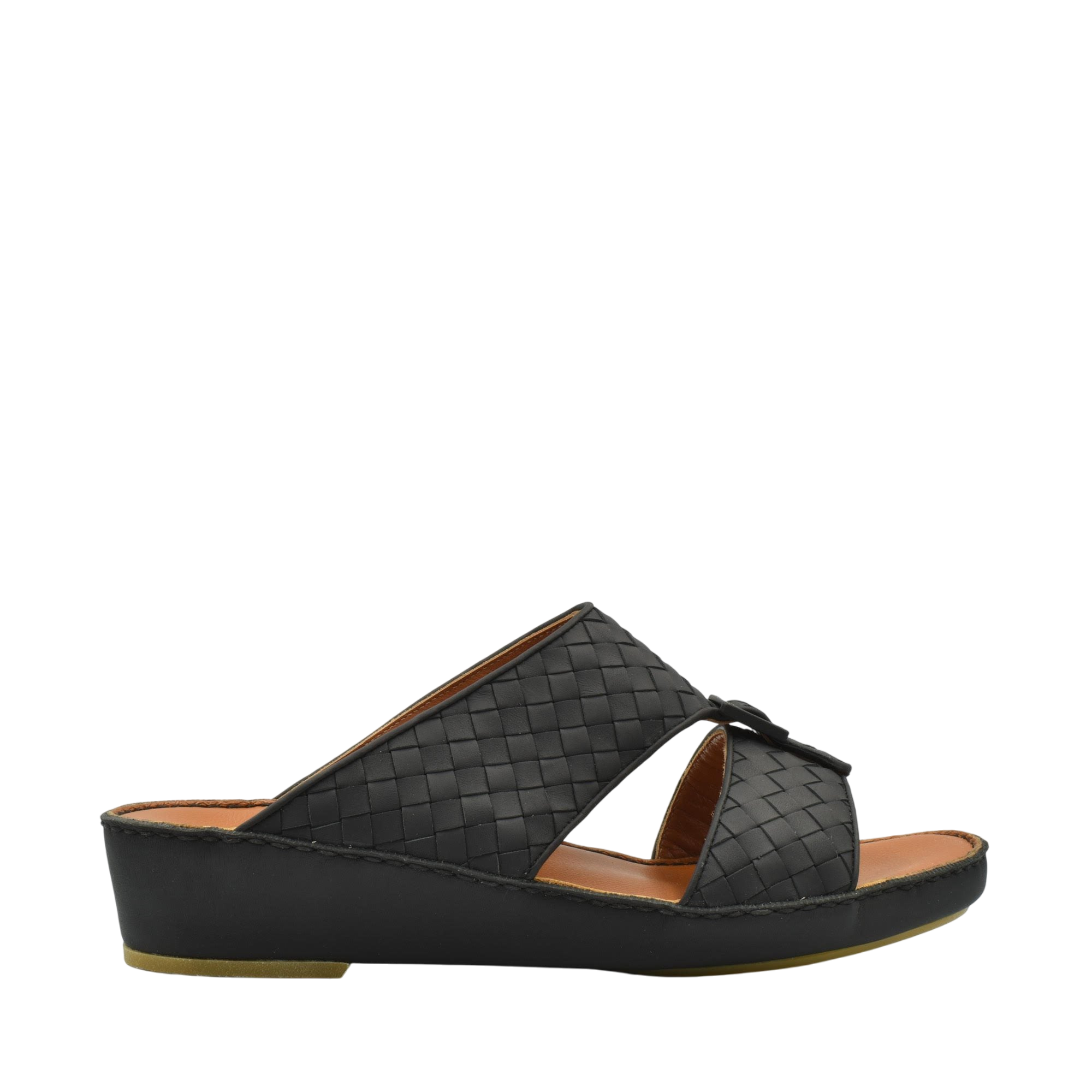 Black casual rubber calf sandals with woven design and wedge sole for comfortable everyday wear