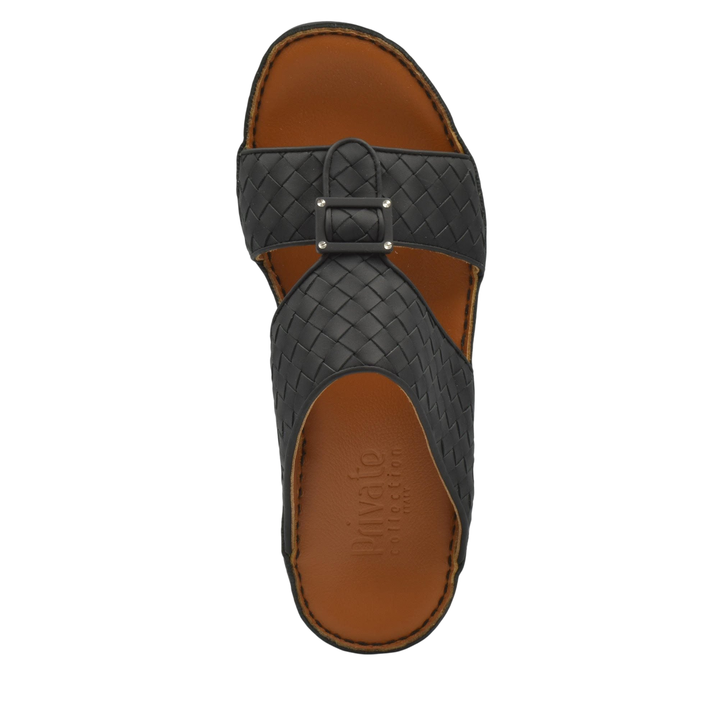Top view of black casual rubber calf sandals with woven straps and brown sole from Private collection