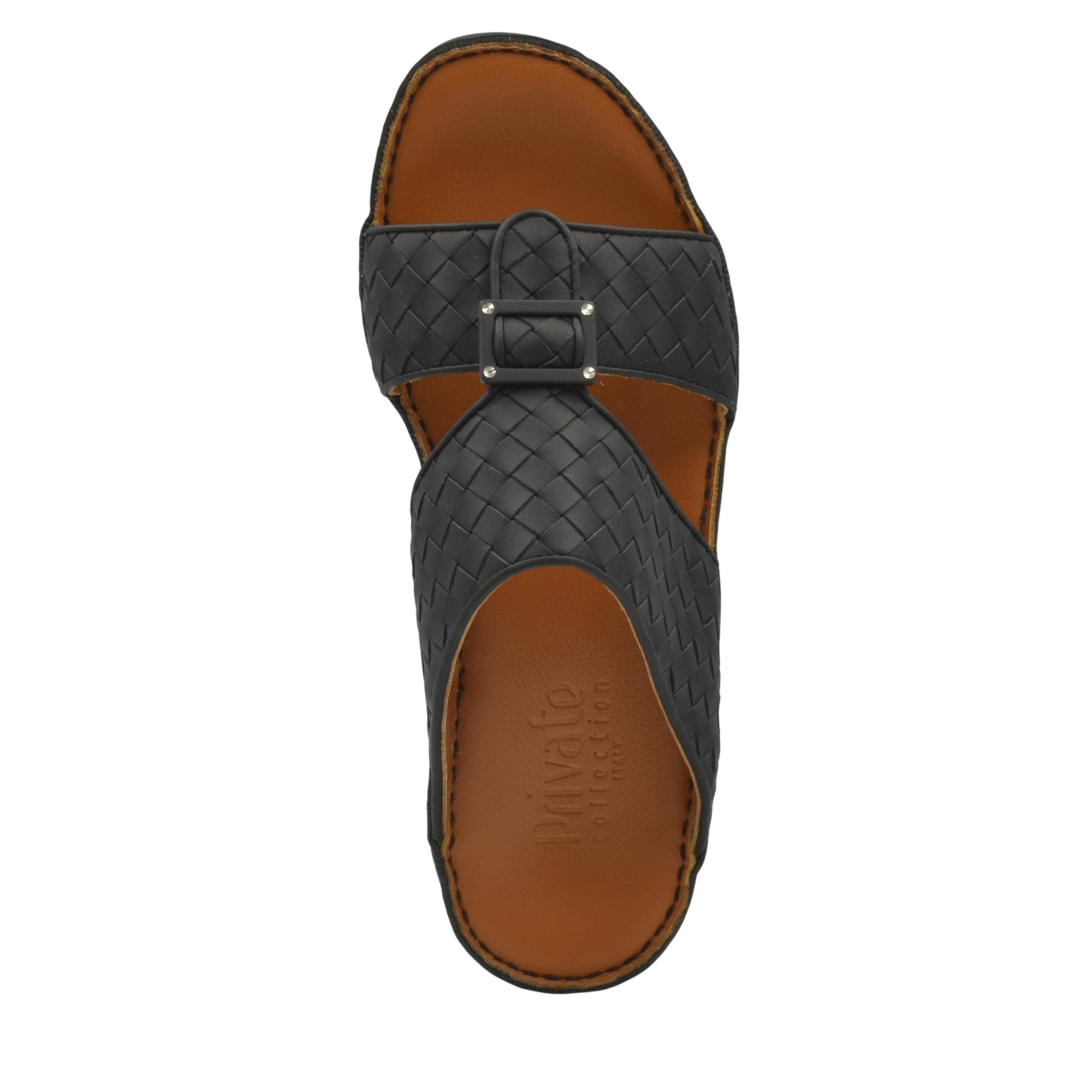Top view of black casual rubber calf sandals with woven straps and brown sole from Private collection