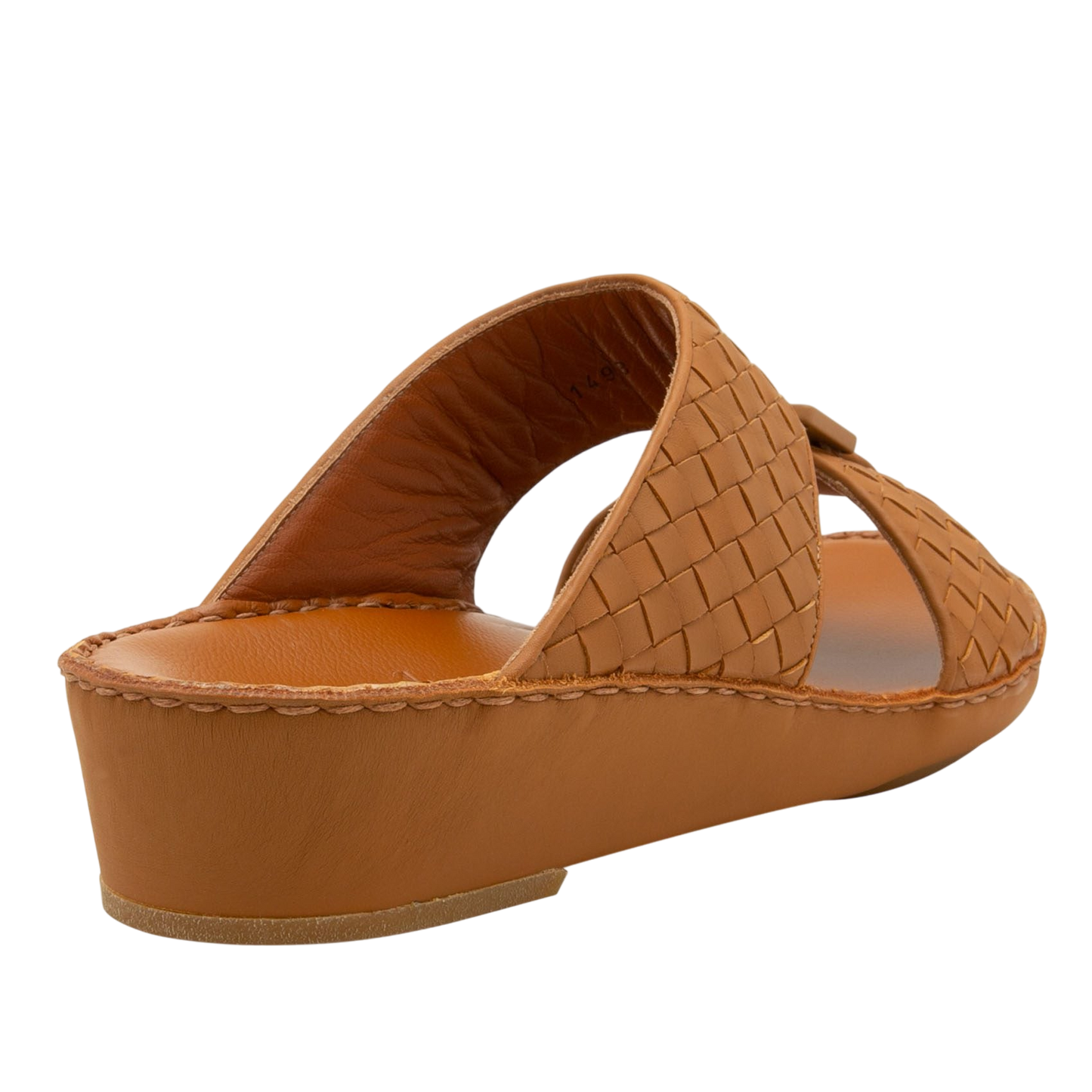 Brown casual rubber calf sandals with woven leather upper and low wedge heel