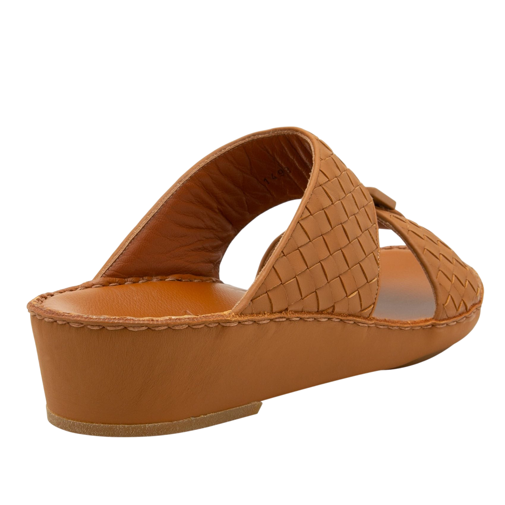 Brown casual rubber calf sandals with woven leather upper and low wedge heel