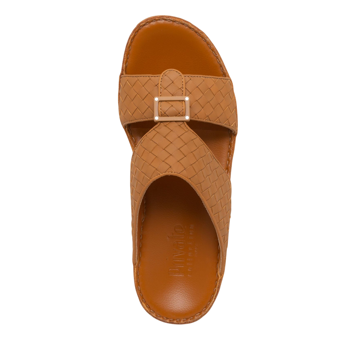 Brown casual rubber calf sandals with woven straps and buckle detail for comfortable wear