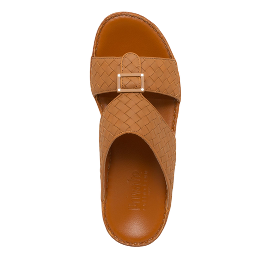 Brown casual rubber calf sandals with woven straps and buckle detail for comfortable wear