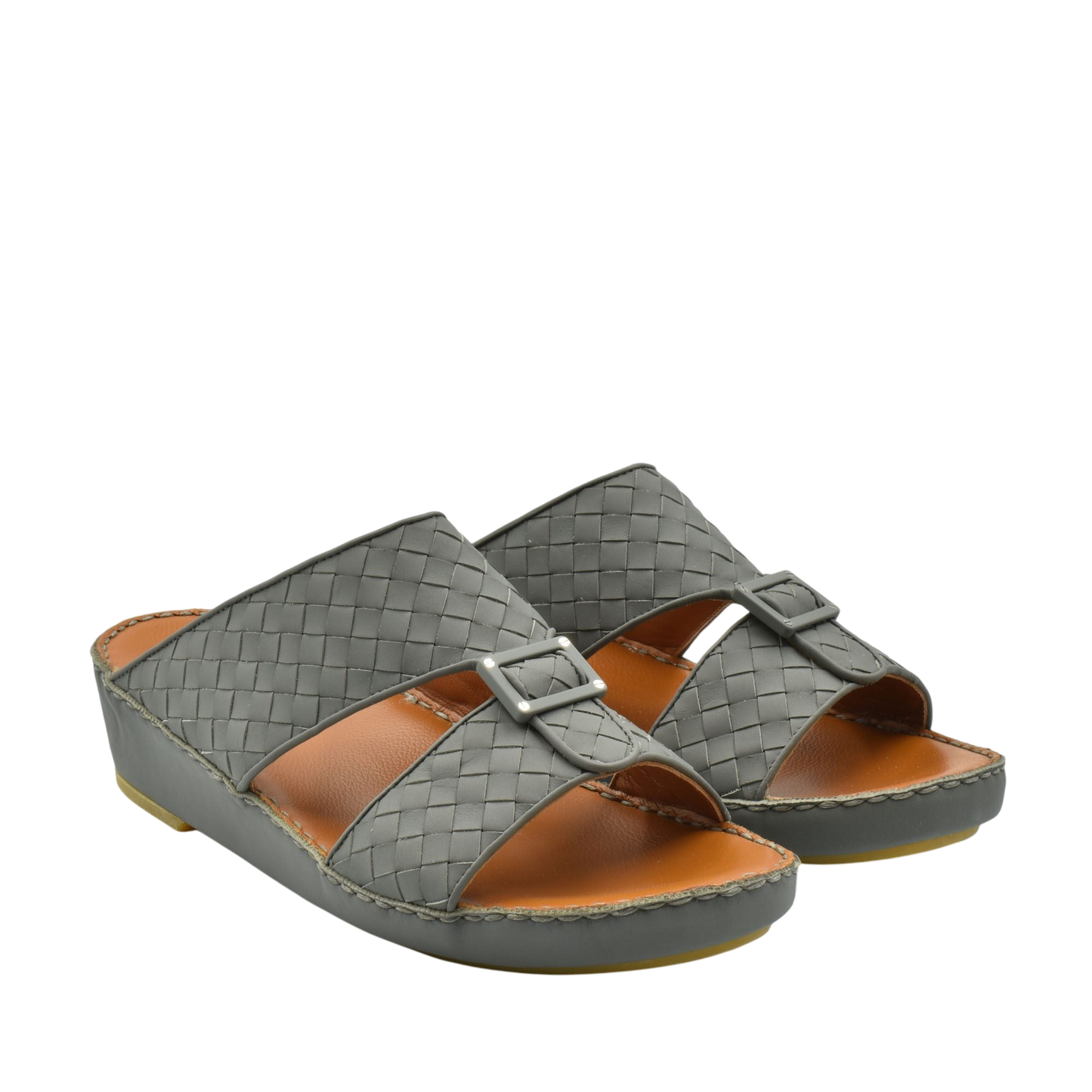 Gray casual rubber calf sandals with woven upper design and adjustable buckle straps