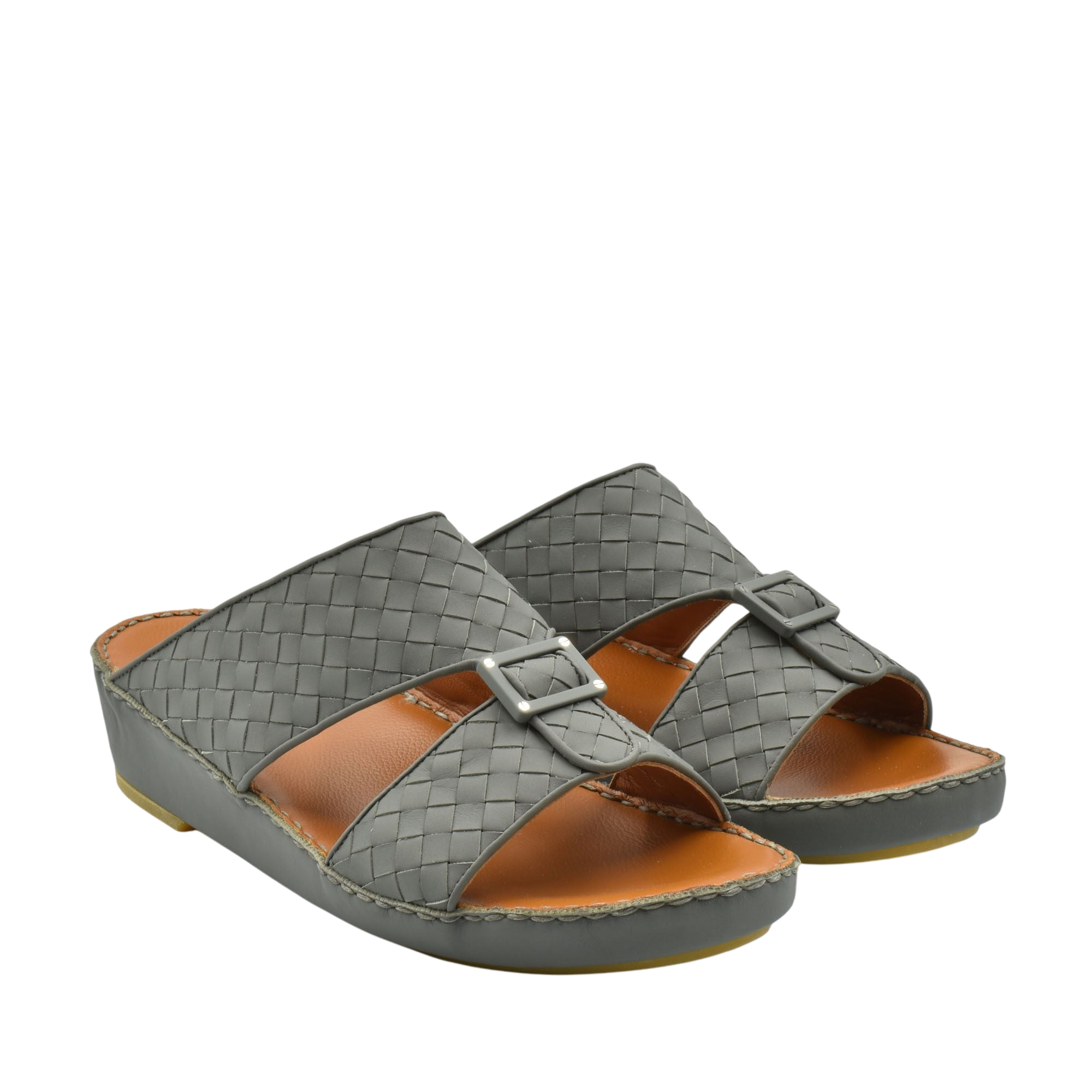 Gray casual rubber calf sandals with woven upper design and adjustable buckle straps