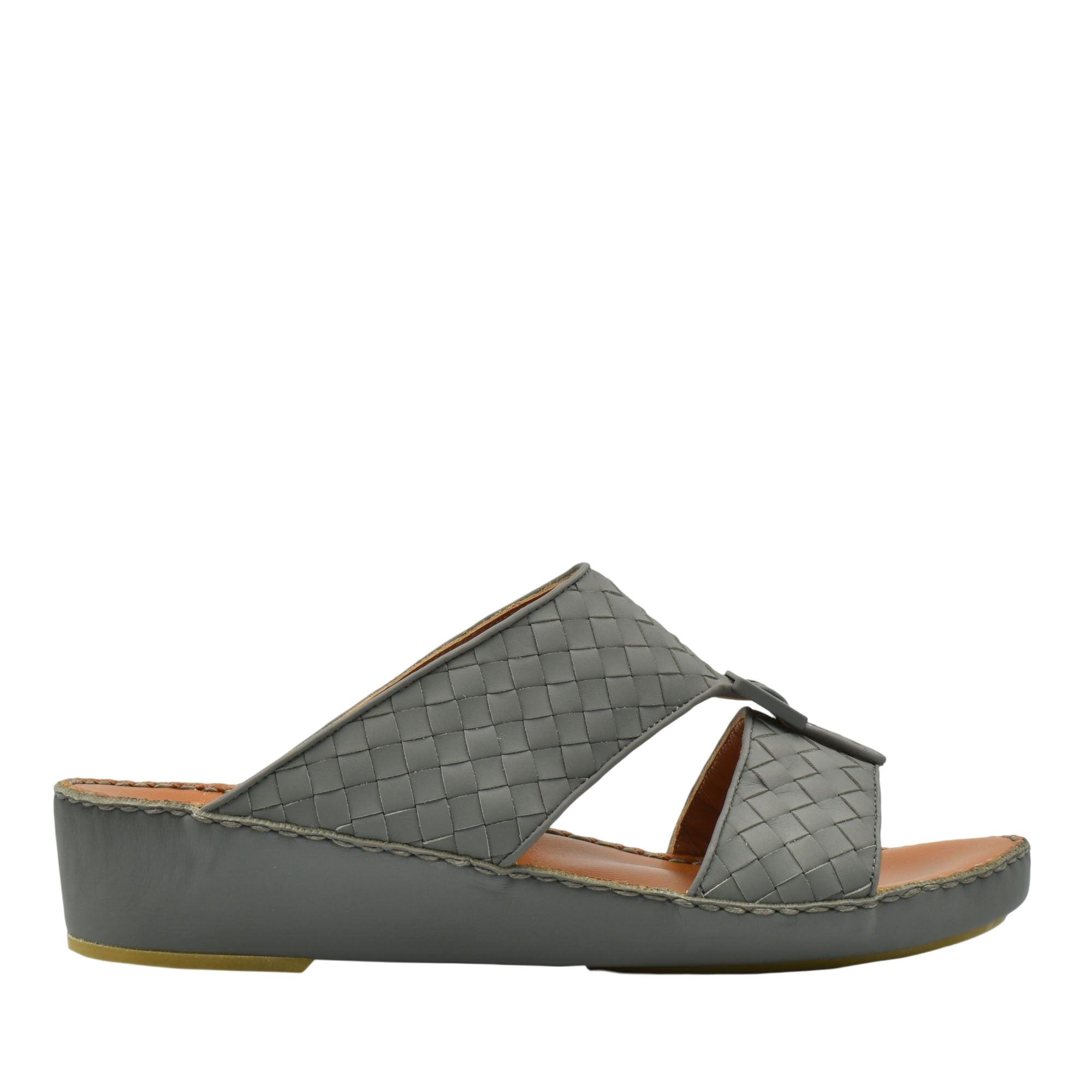 Grey woven casual rubber calf sandals with wedge sole and open toe design