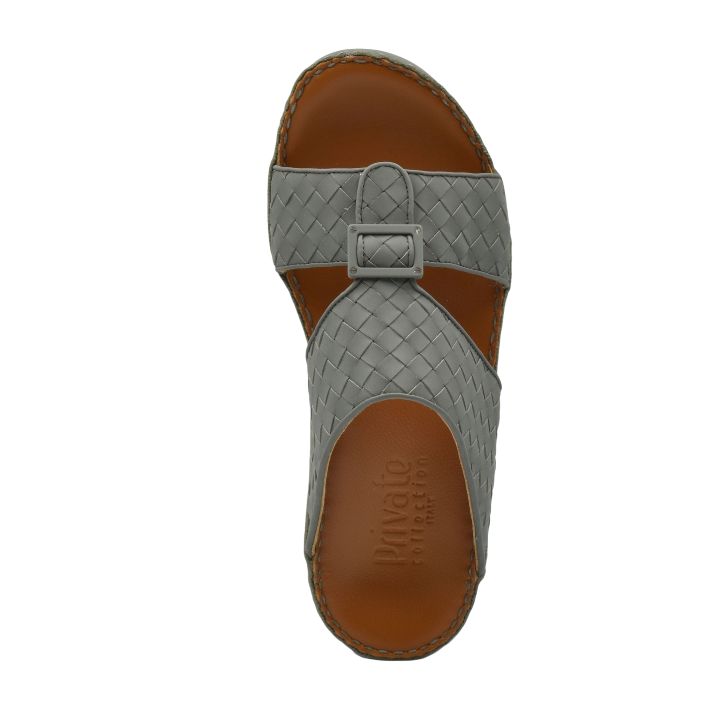 Gray woven leather casual rubber calf sandals with adjustable buckle strap and brown footbed