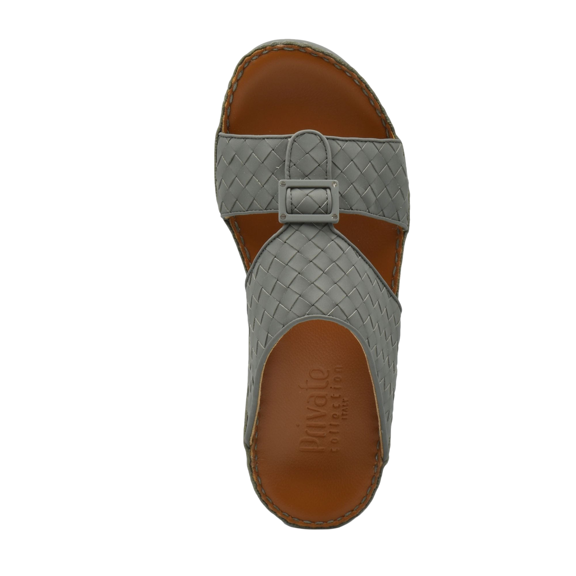 Gray woven leather casual rubber calf sandals with adjustable buckle strap and brown footbed