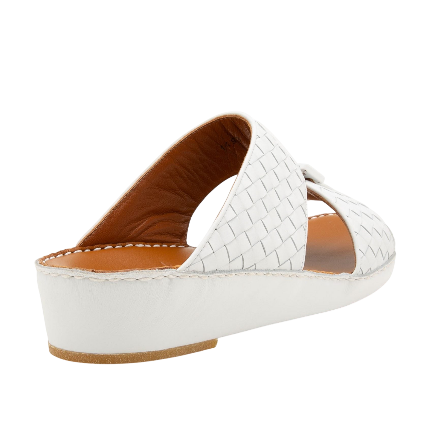 White woven casual rubber calf sandals with cushioned brown insole and low wedge heel