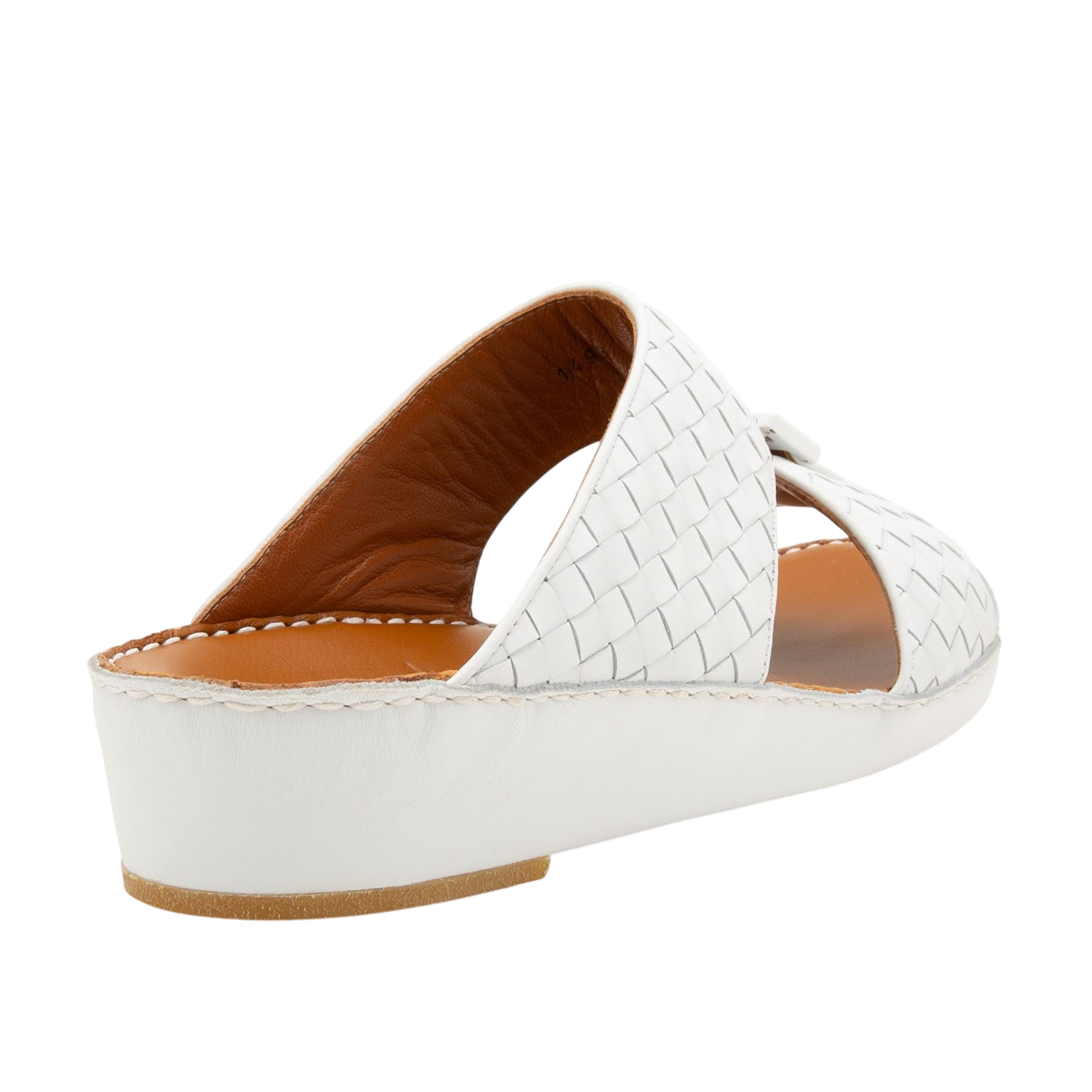 White woven casual rubber calf sandals with cushioned brown insole and low wedge heel