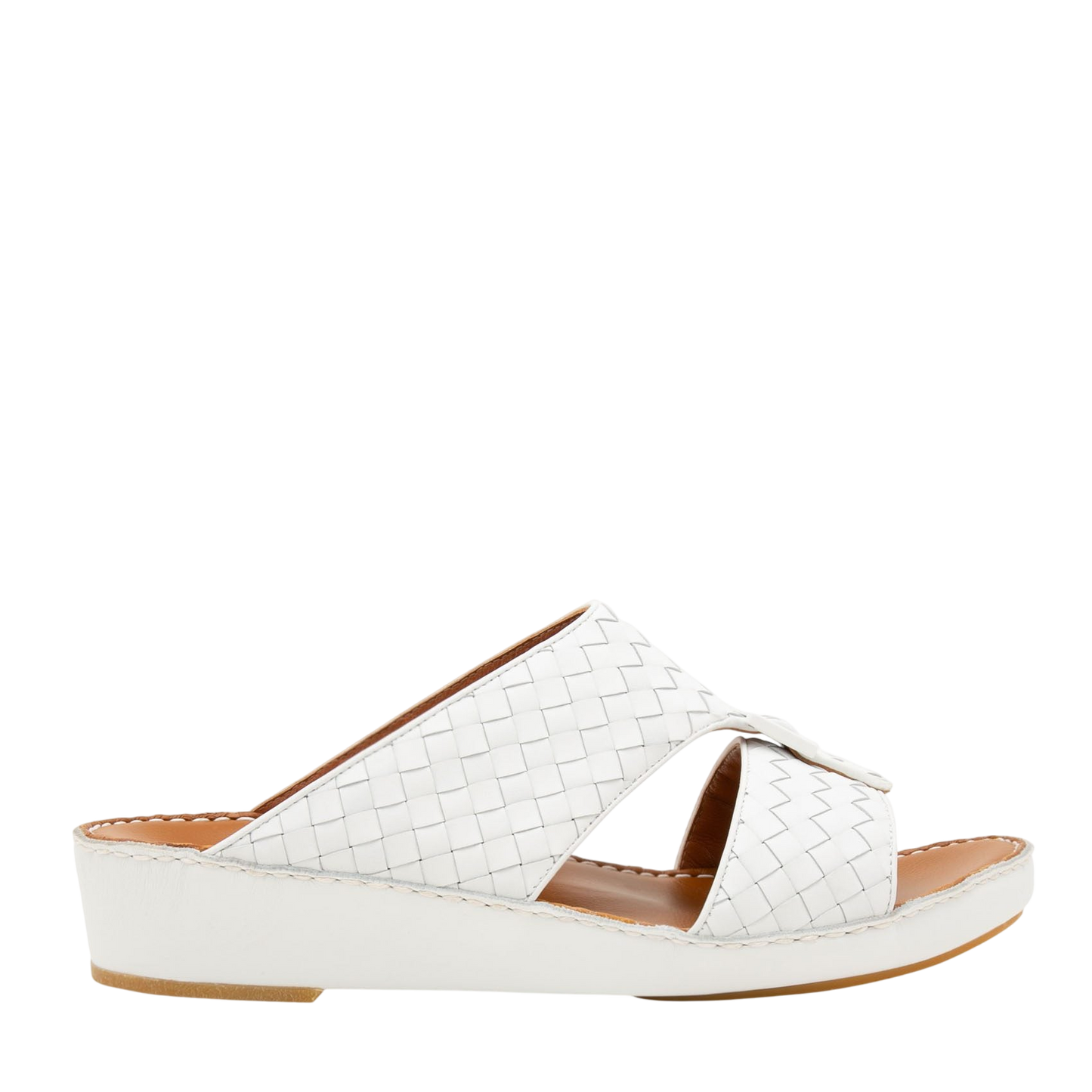White casual rubber calf sandals with woven leather upper and low wedge heel
