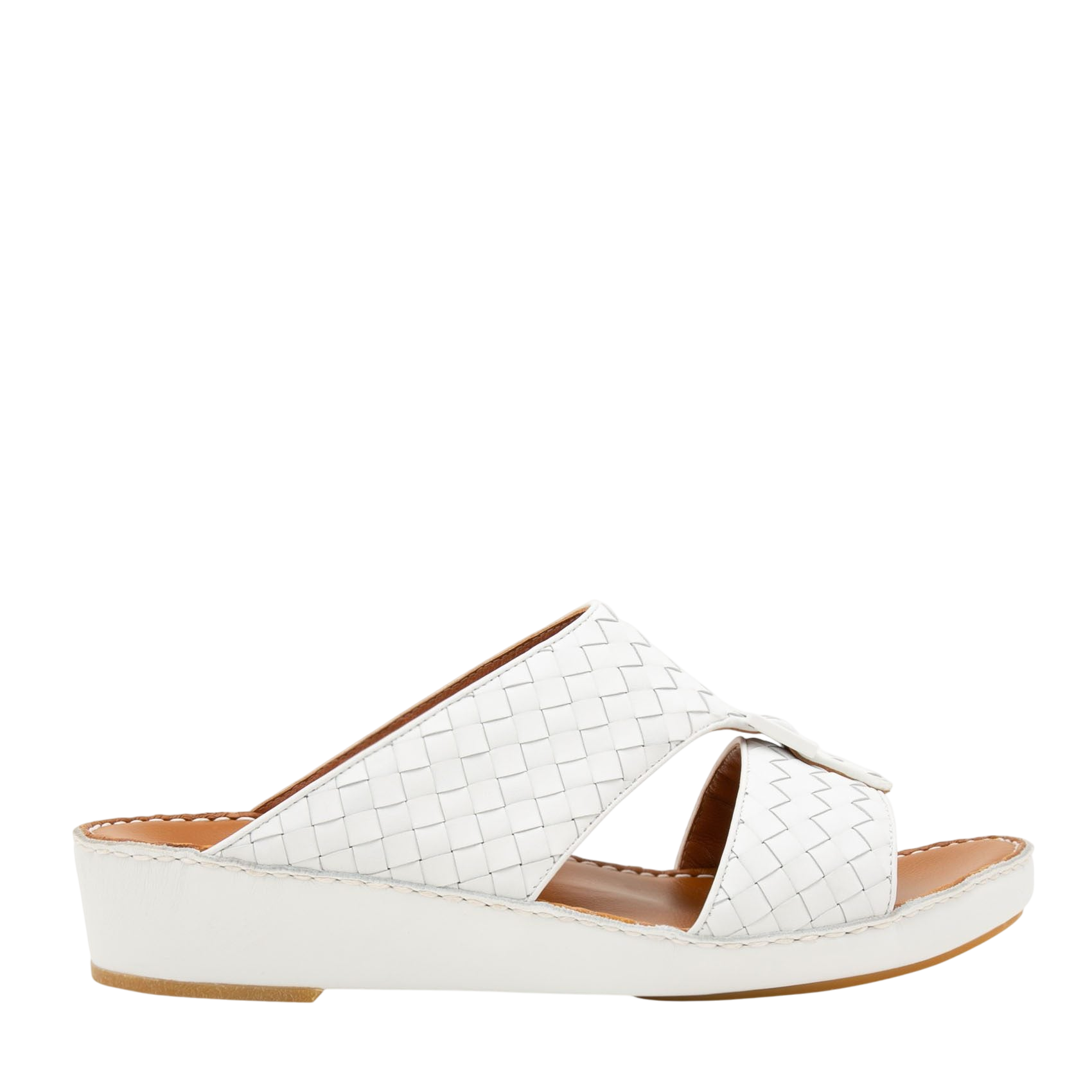 White casual rubber calf sandals with woven leather upper and low wedge heel
