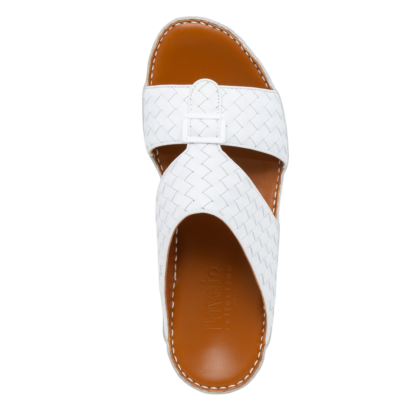 White casual rubber calf sandals with woven straps and brown cushioned footbed for comfortable wear