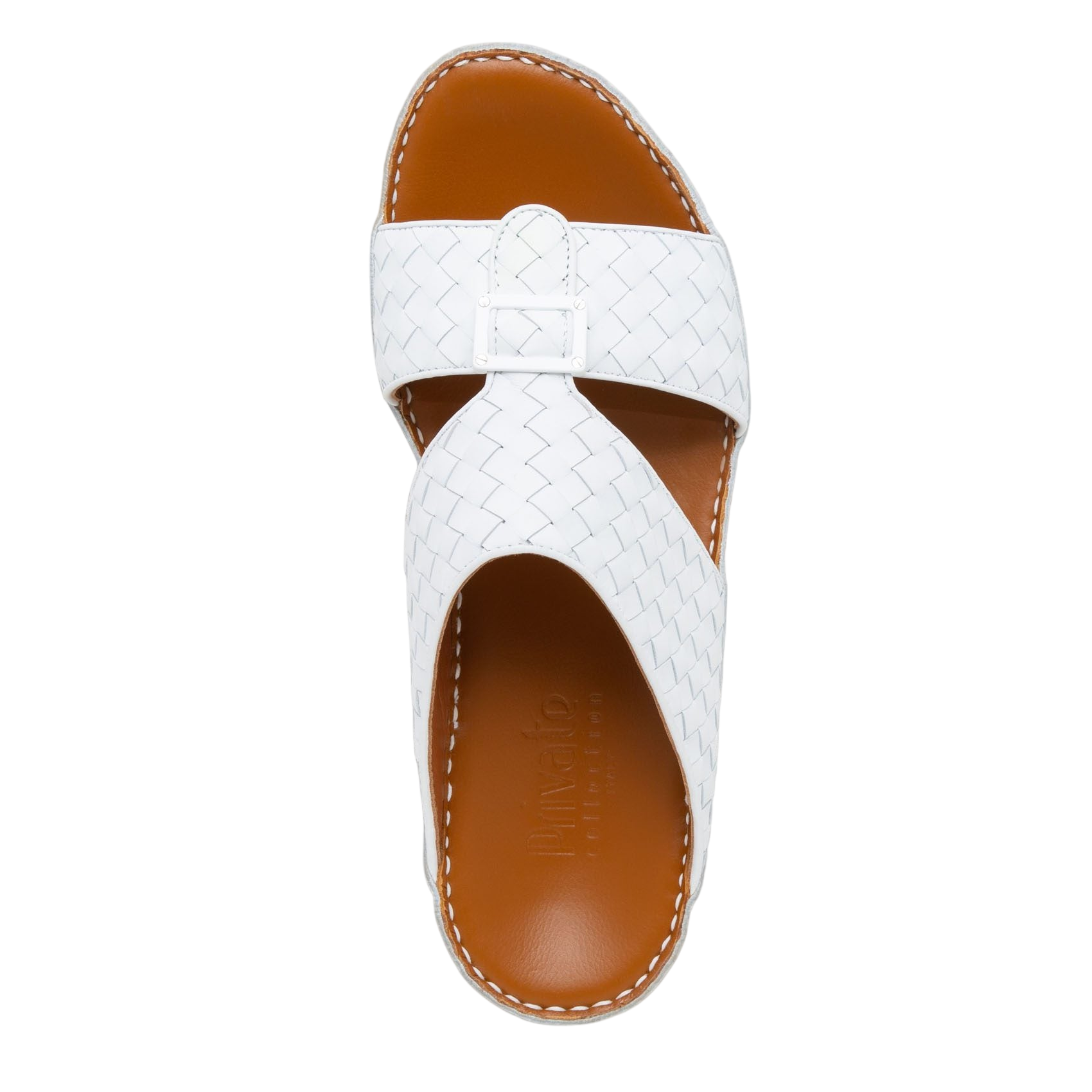 White casual rubber calf sandals with woven straps and brown cushioned footbed for comfortable wear