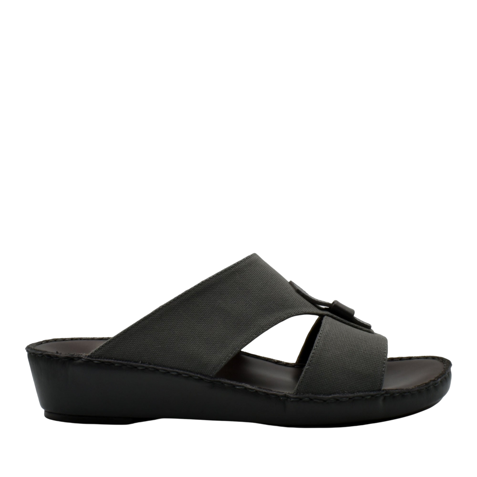 Black casual wedge sandals with wide leather straps and comfortable low wedge sole
