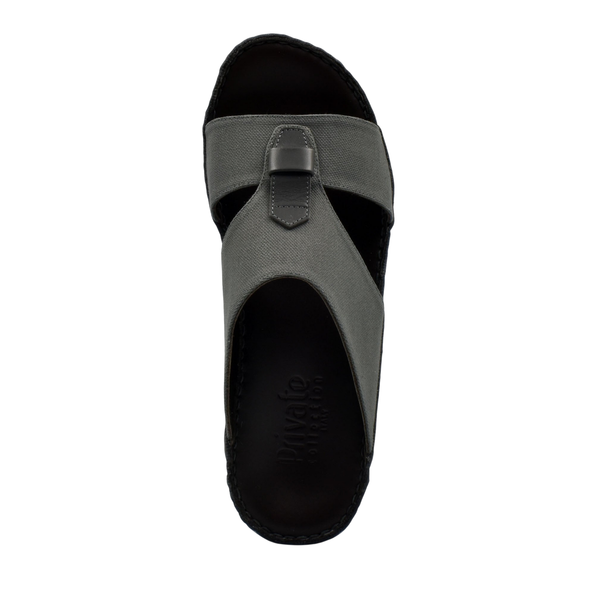 Top view of casual wedge sandals with gray fabric straps and black sole from Private collection