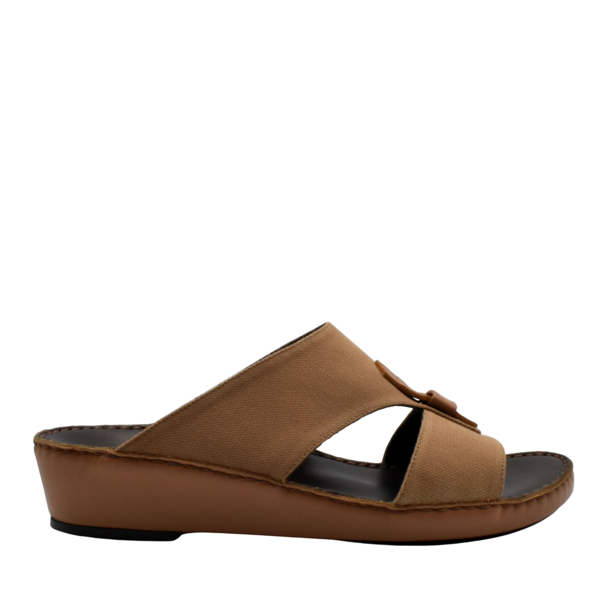 Brown casual wedge sandals with open toe and fabric upper from private collection