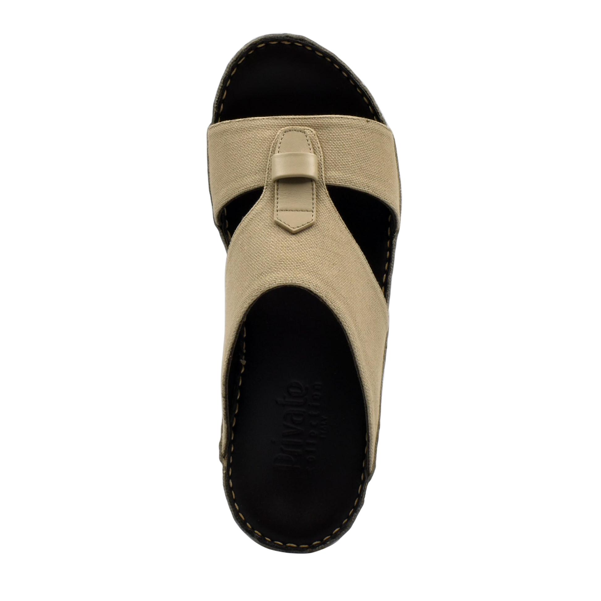 Beige casual wedge sandals with black sole and stitched detailing from Private Collection