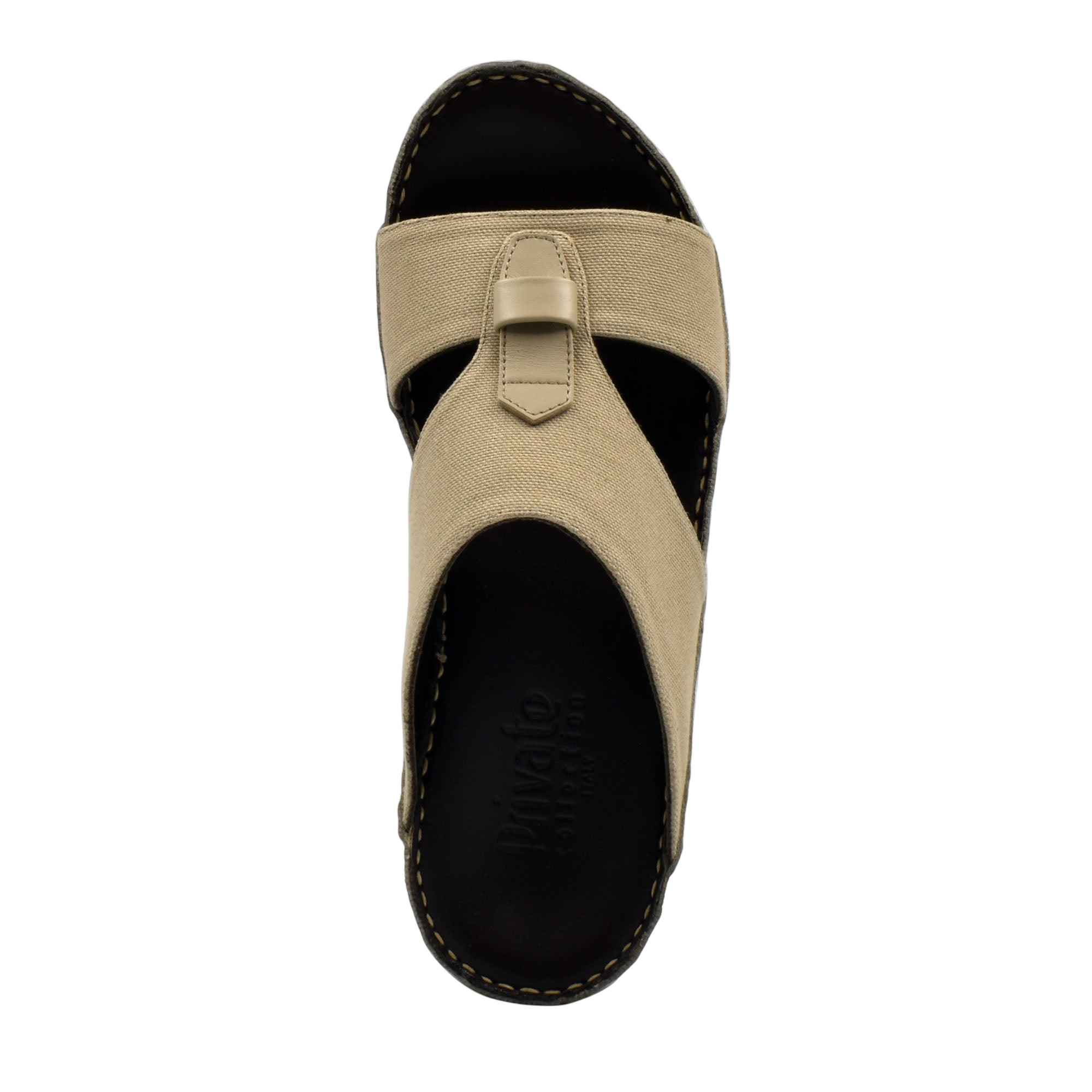 Beige casual wedge sandals with black sole and stitched detailing from Private Collection