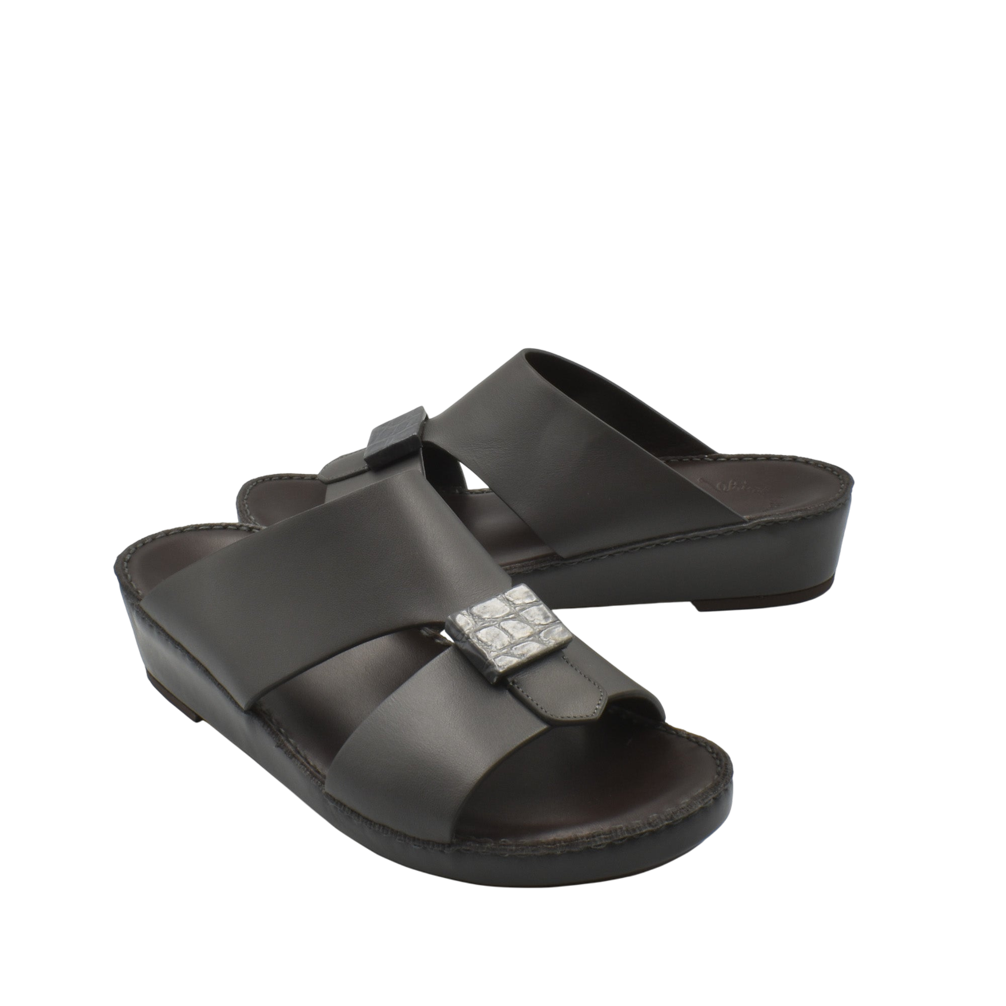 Black leather Cerchio buckle sandals with silver buckle and cushioned footbed for comfort