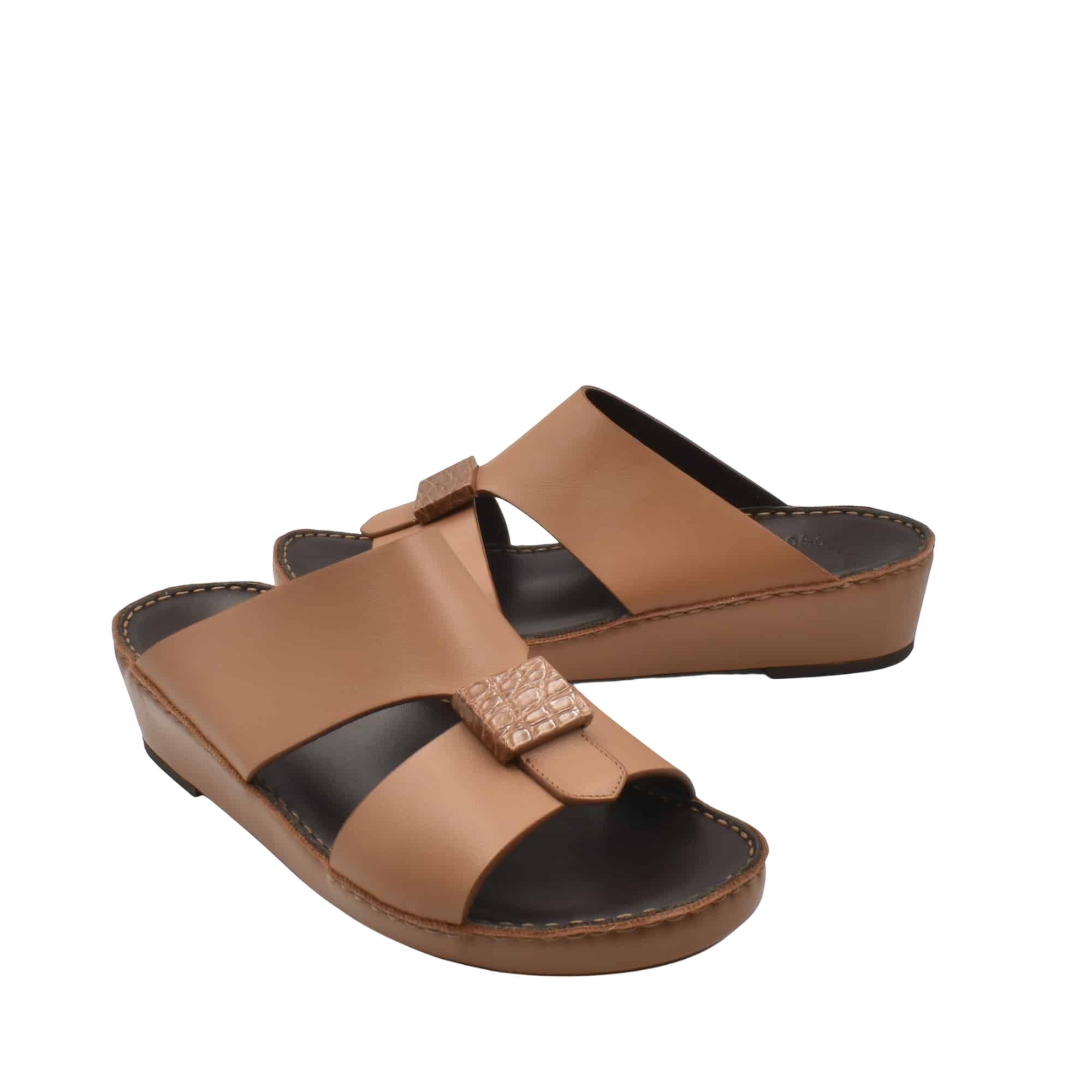 Tan leather Cerchio buckle sandals with low wedge heel and open toe design