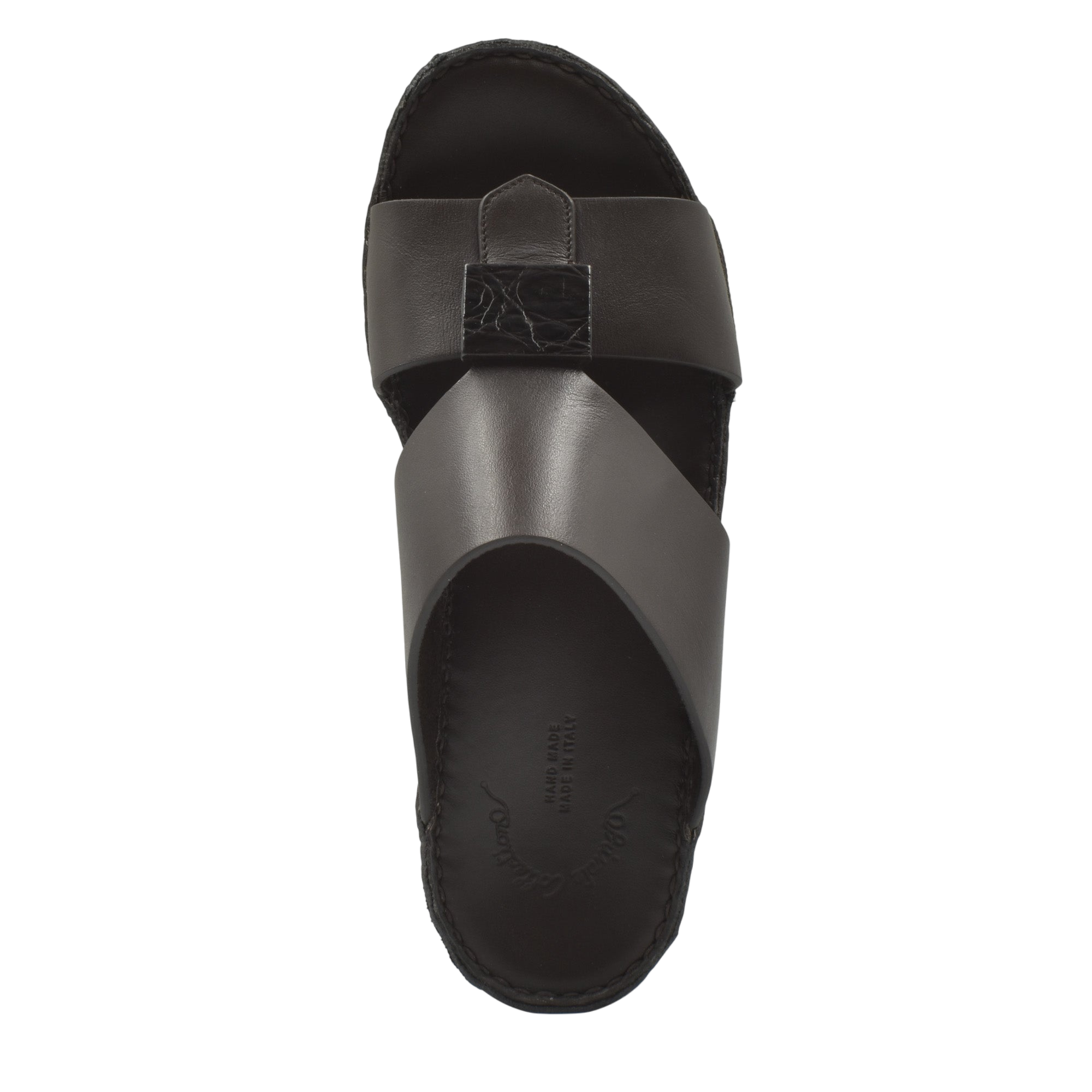 Top view of black Cerchio buckle sandals with crossed leather straps and buckle detail