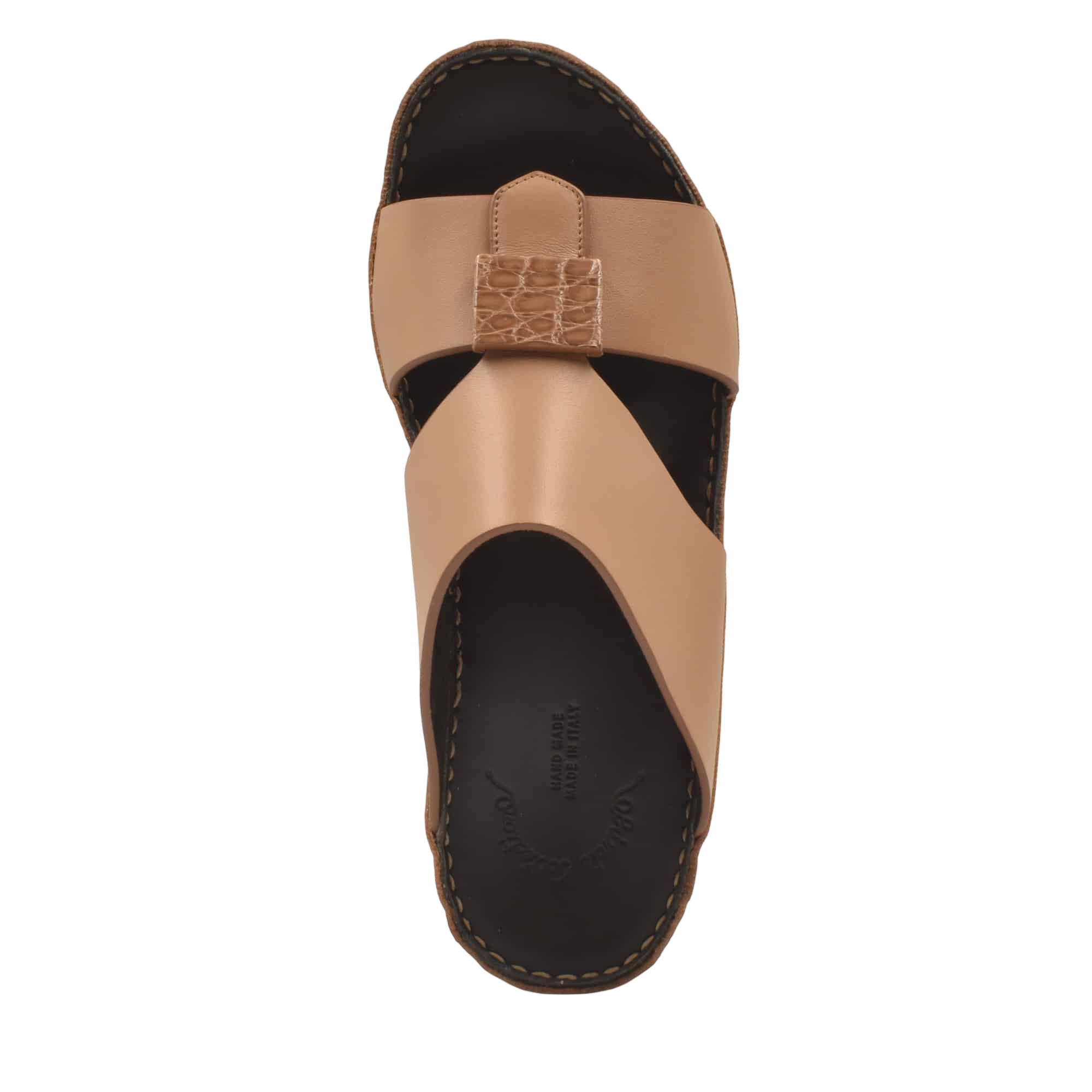 Tan leather Cerchio buckle sandals with black cushioned footbed and stitched sole