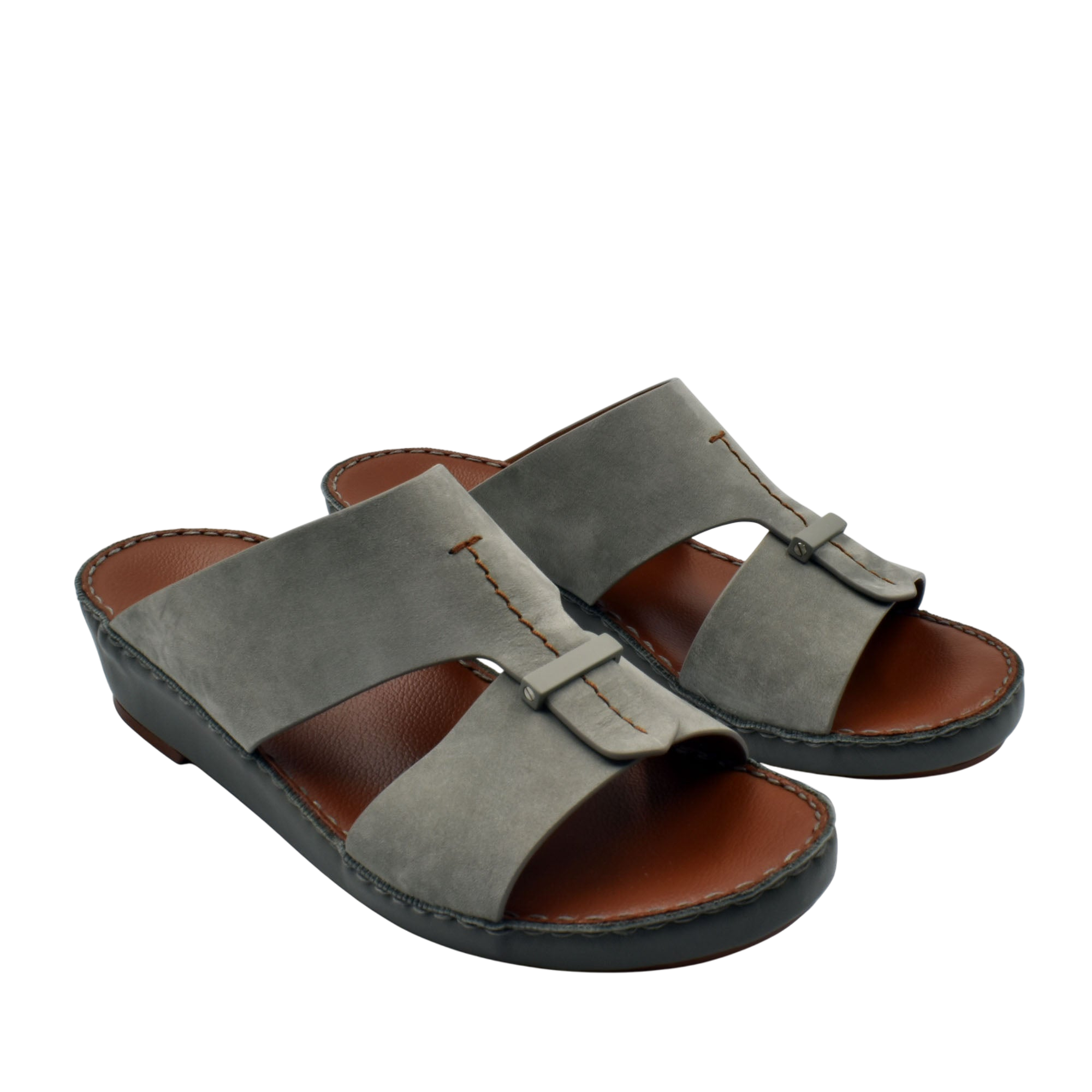 Gray slip-on cerchio cucire comfort shoes with cushioned brown insoles and adjustable strap