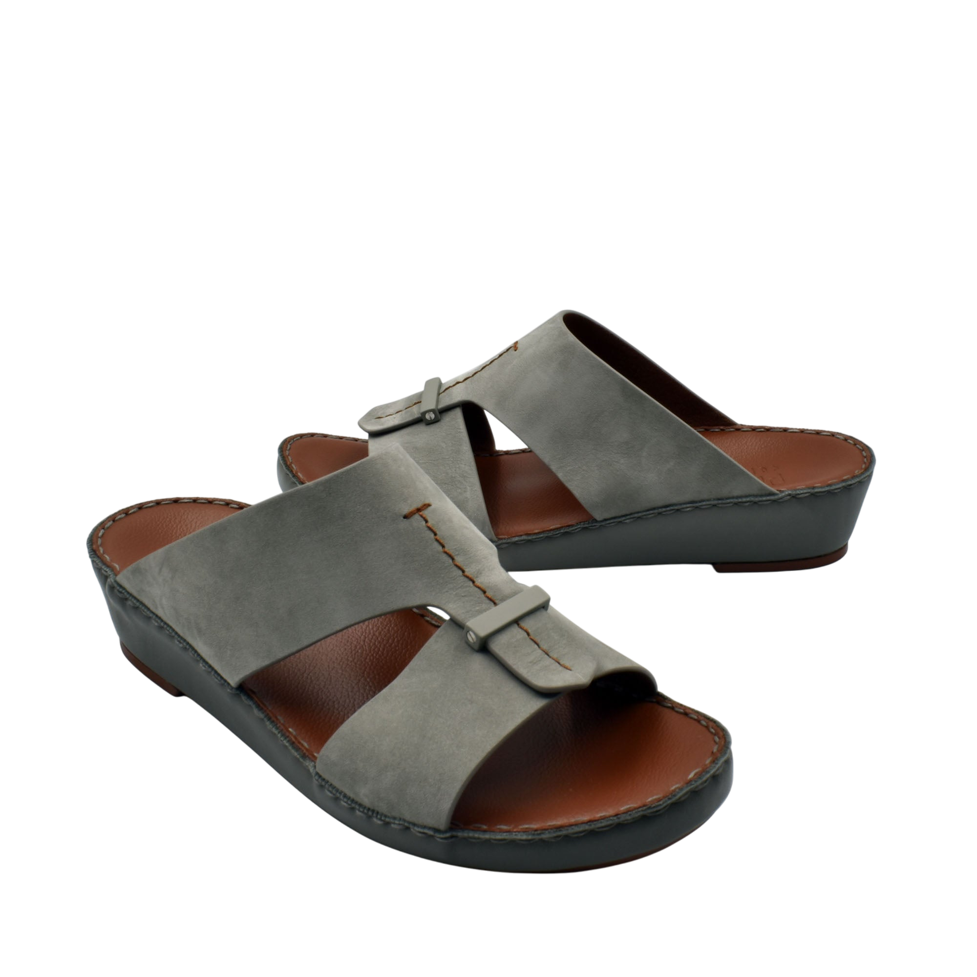 Gray leather cerchio cucire comfort shoes with open toe and adjustable straps on black sole
