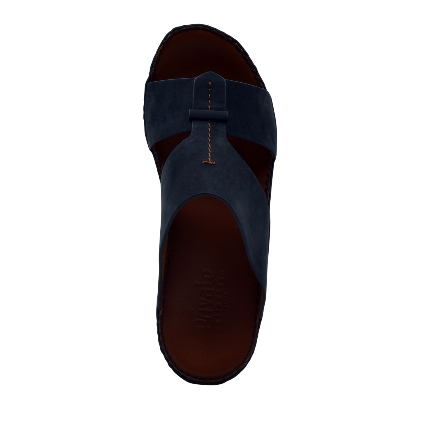 Top view of navy blue cerchio cucire comfort shoes sandal with brown sole from Private Collection