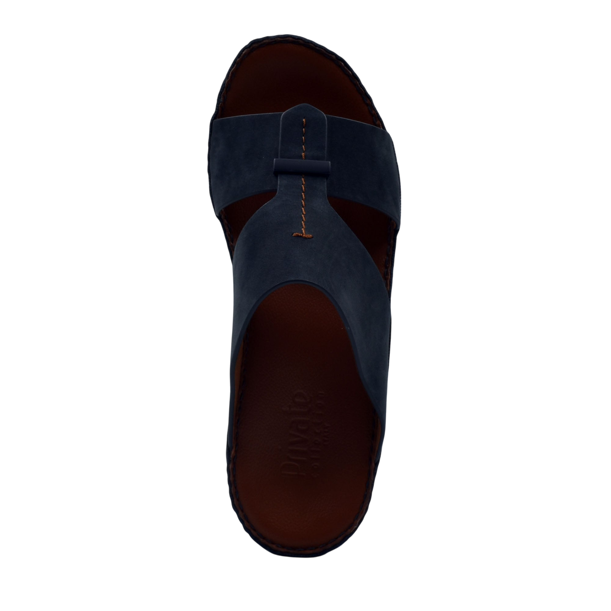 Top view of navy blue cerchio cucire comfort shoes sandal with brown sole from Private Collection