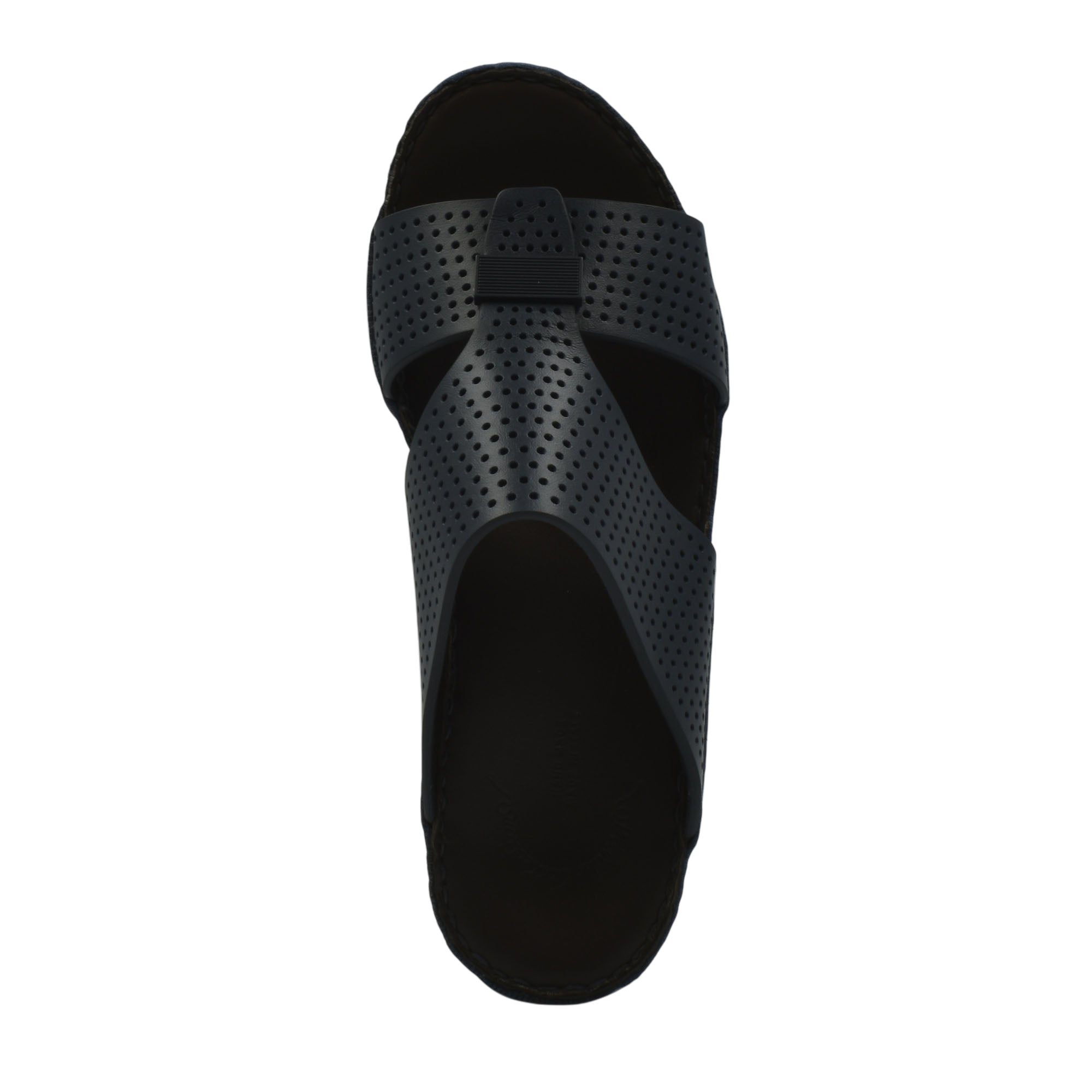 Top view of black Cerchio Gomato sandals with perforated straps and cushioned sole