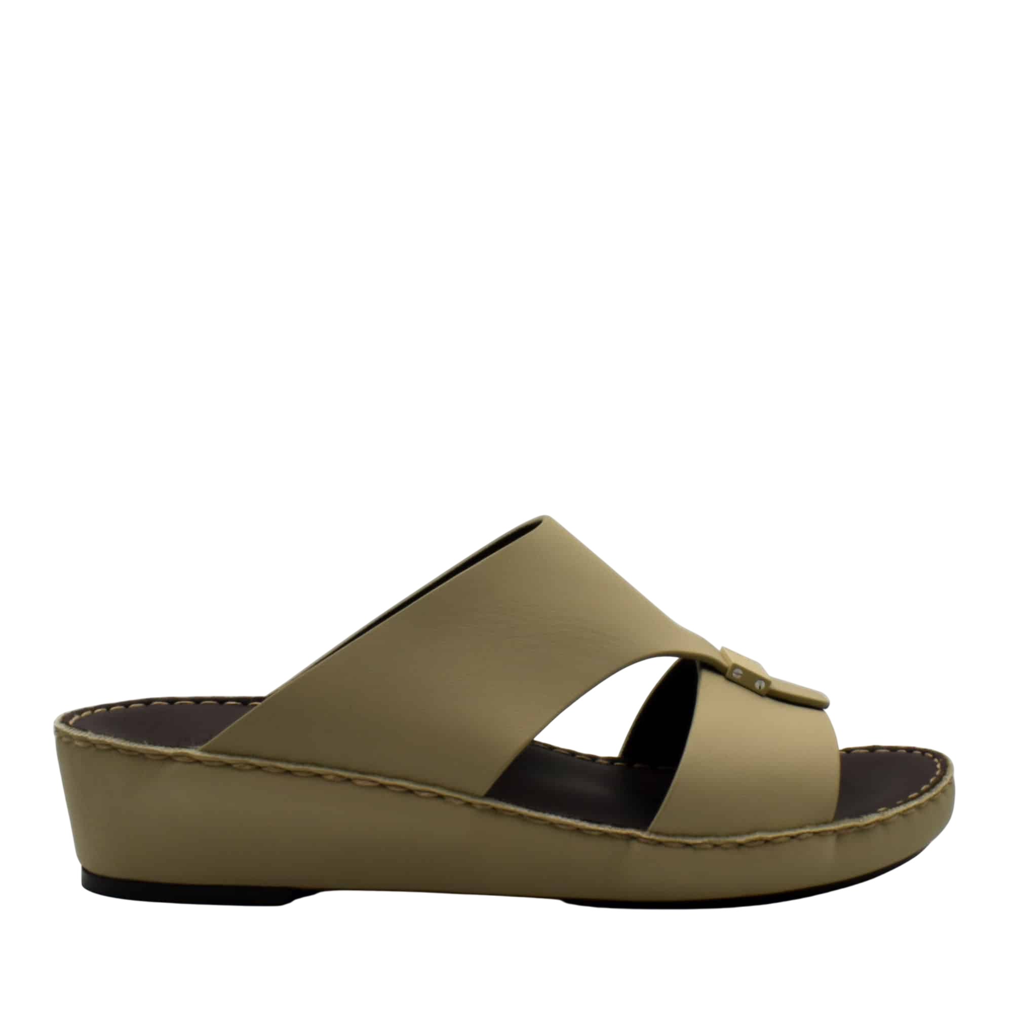Side view of beige Cerchio Gomato sandals with a wedge sole and crossed straps
