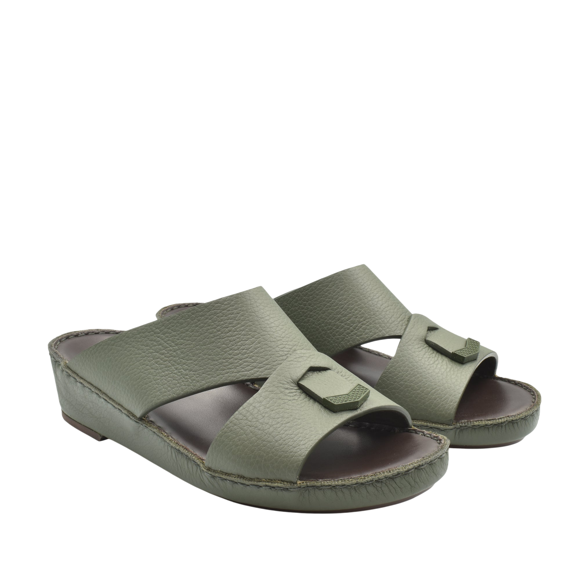 Private Collection olive green luxury leather sandals with open toe and low wedge heel