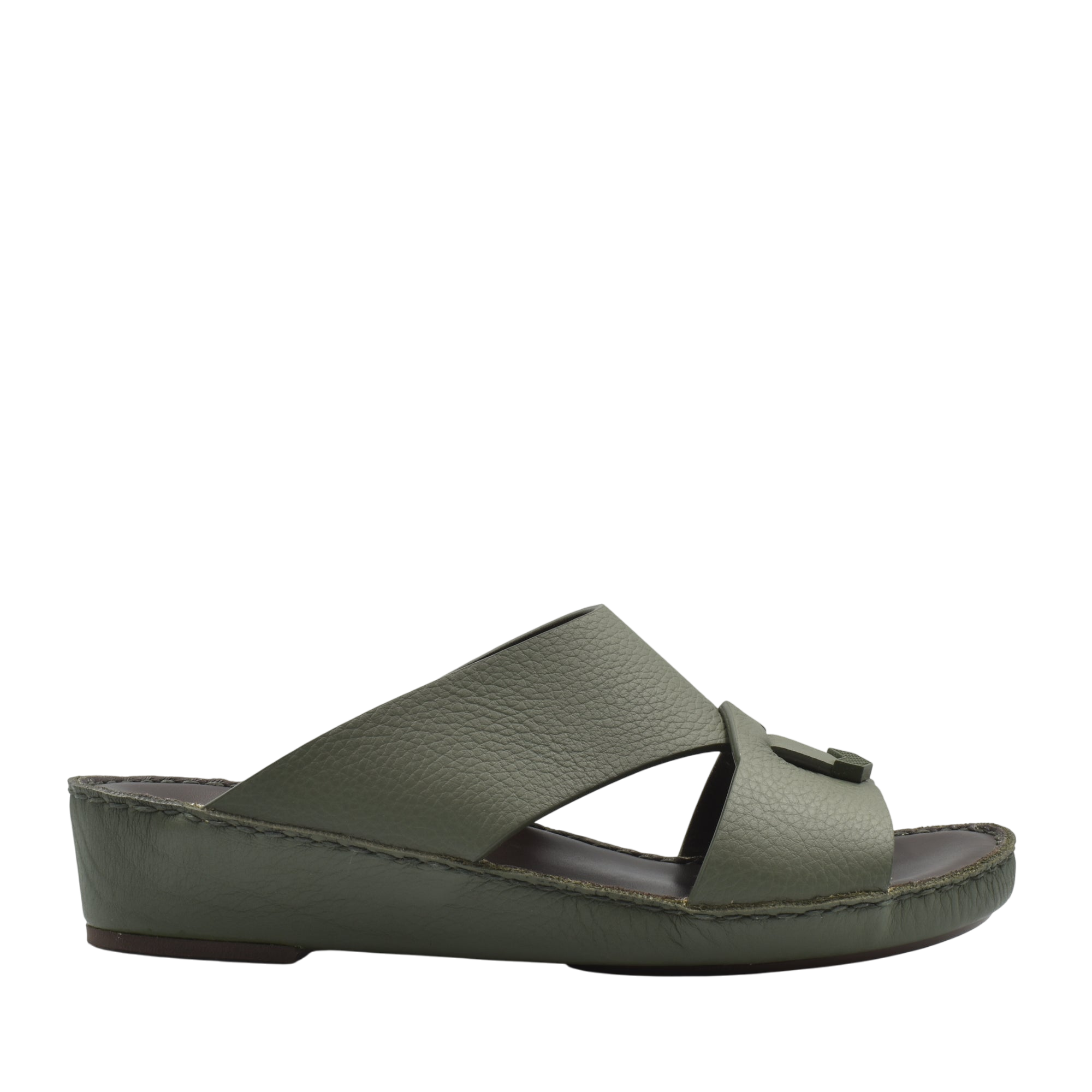 Private Collection olive green luxury leather sandals with open toe and wedge sole