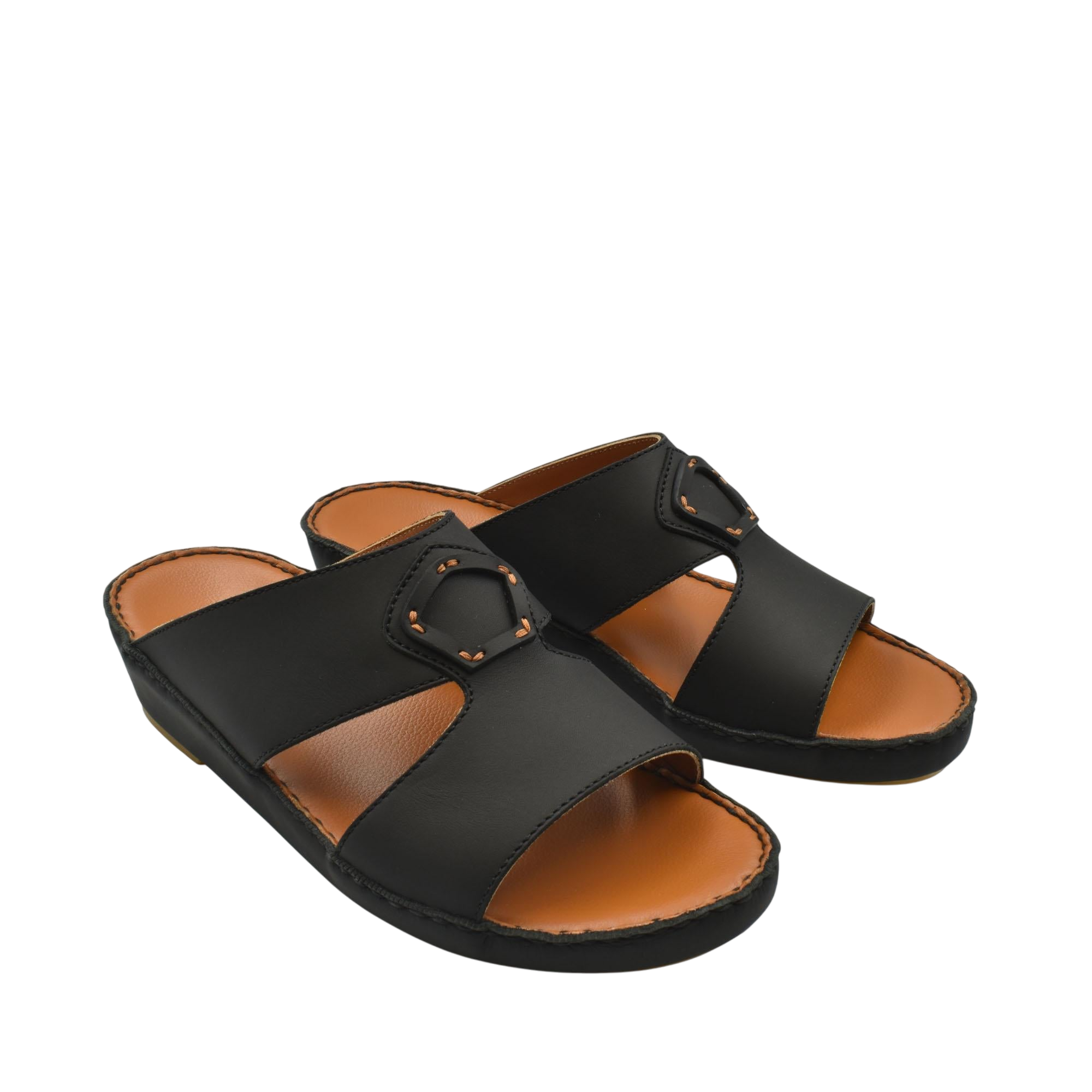 Black comfortable leather slip-on sandals with open toe and decorative buckle detail
