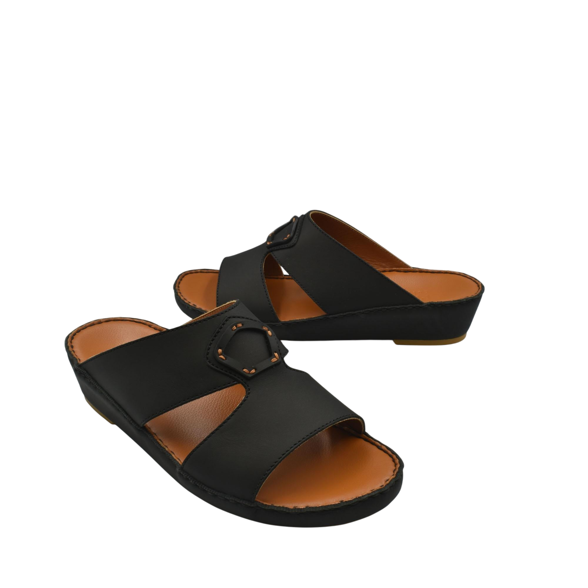 Black comfortable leather slip-on sandals with open toe and adjustable buckle detail