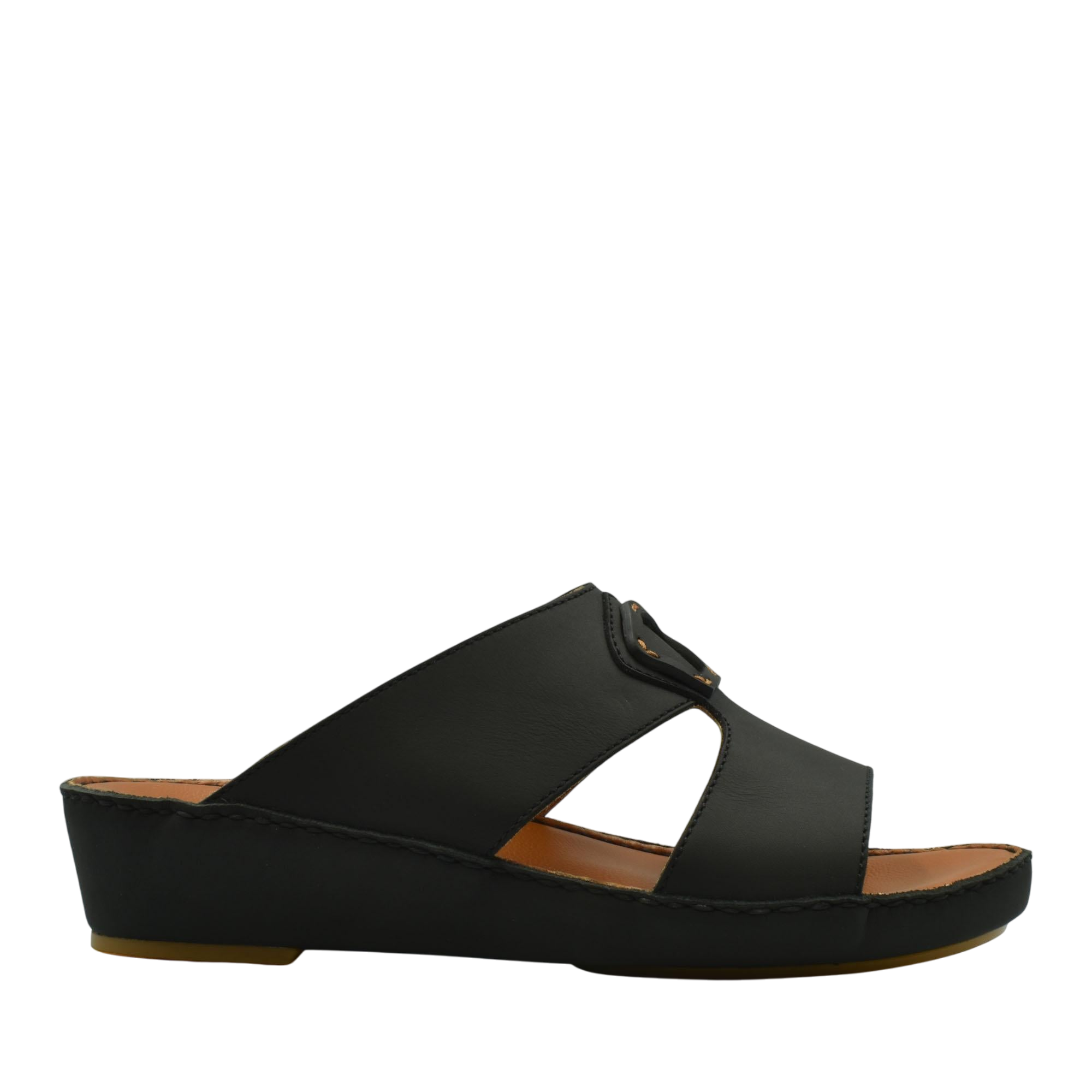 Black comfortable leather slip-on sandals with cushioned sole and open sides from Private Collection