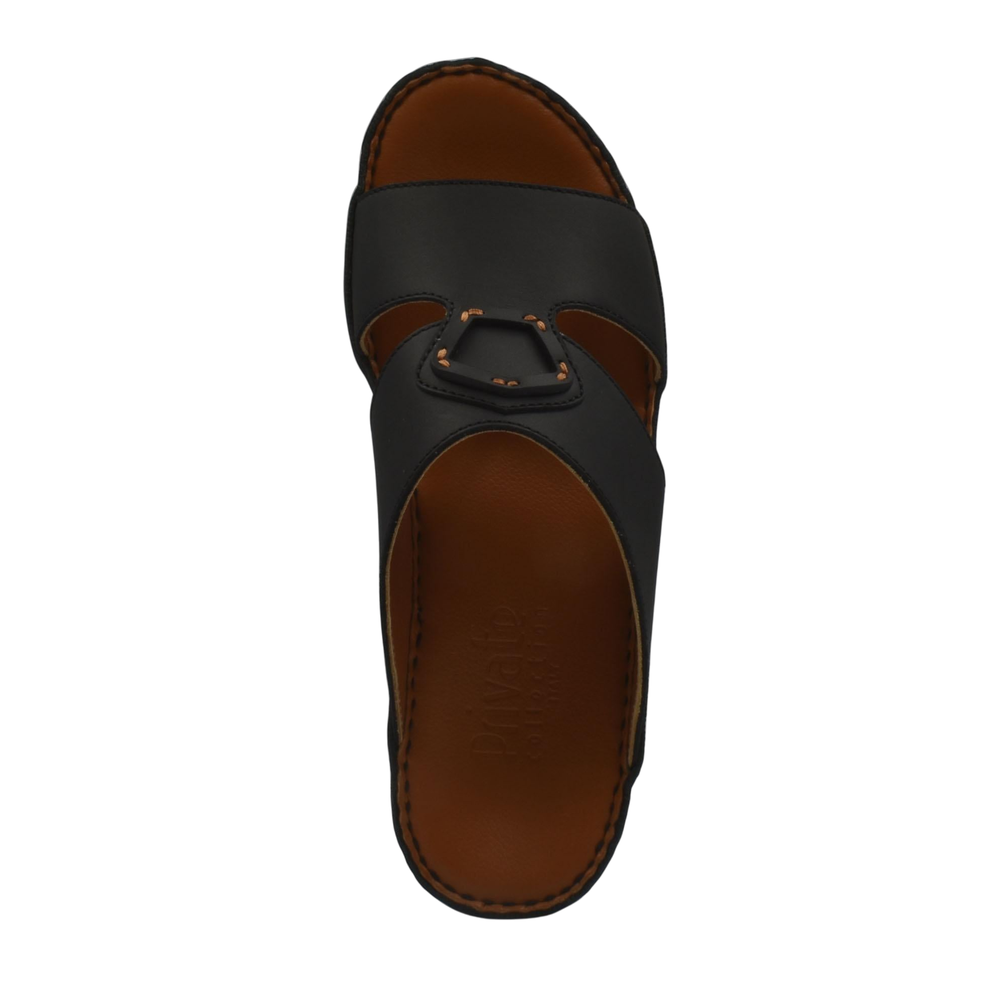 Comfortable leather slip-on sandals in black with brown cushioned sole and open toe design